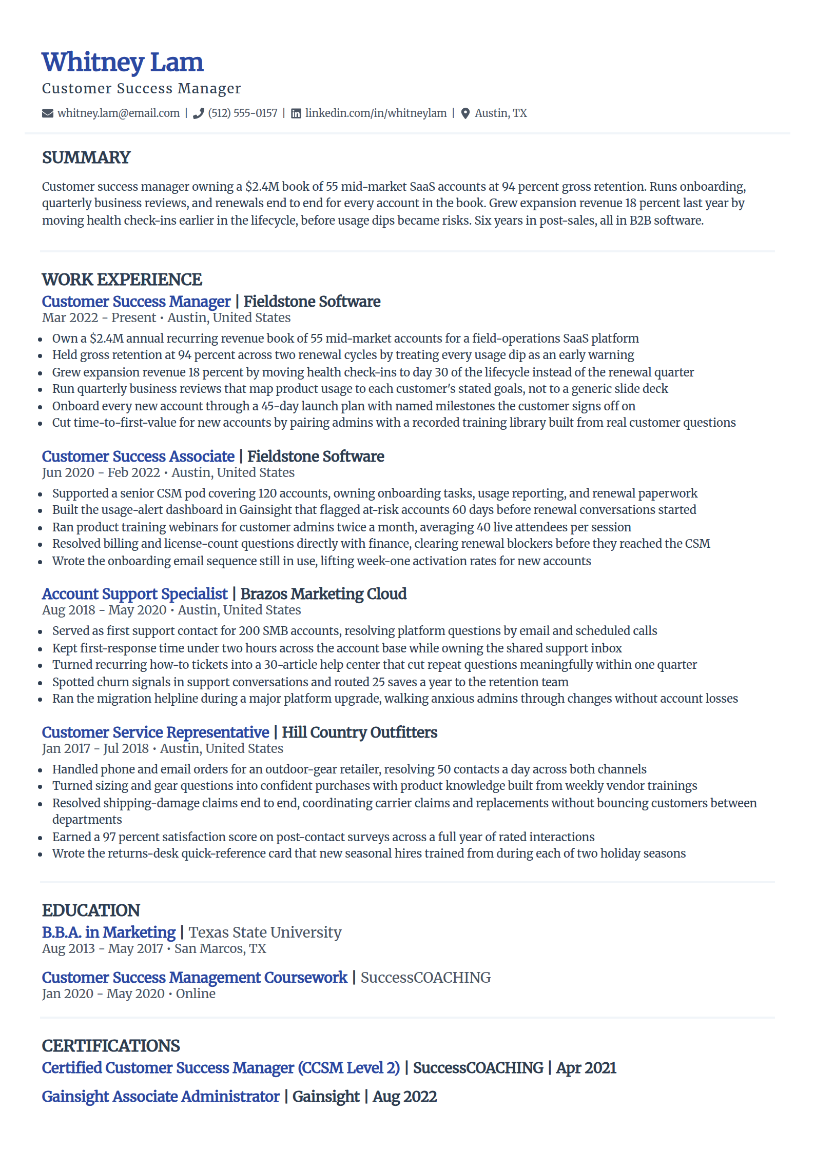 Customer success manager resume example in the Elegant template