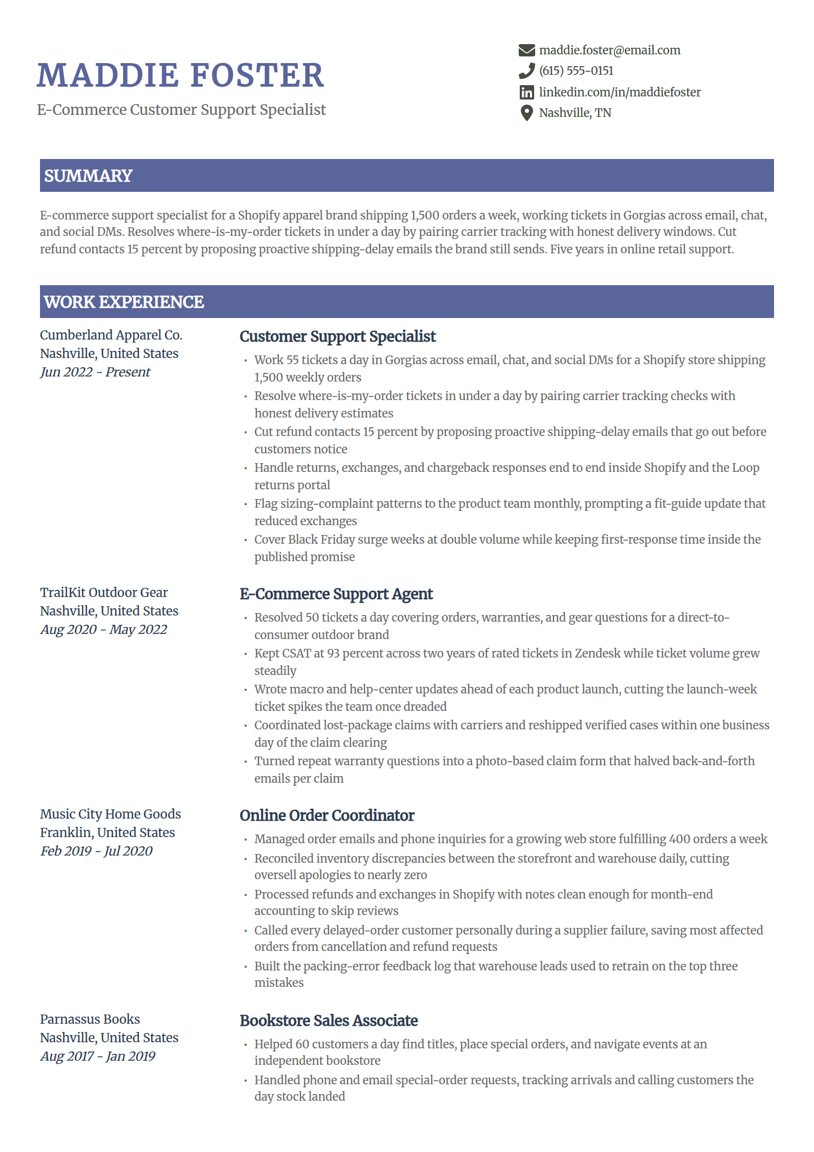 E-commerce customer support resume example in the Catalyst template