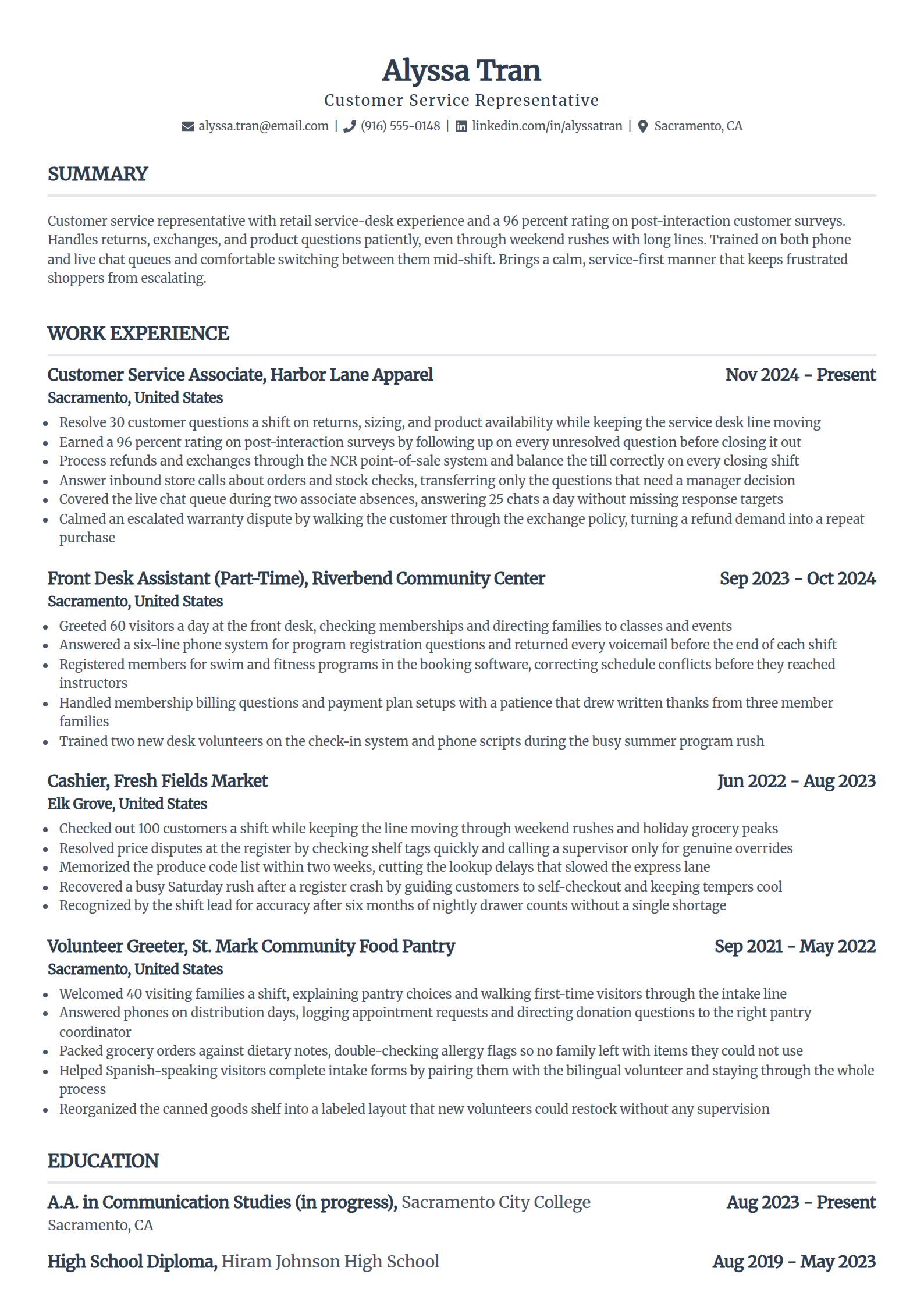 Entry-level customer service resume example in the Standard template