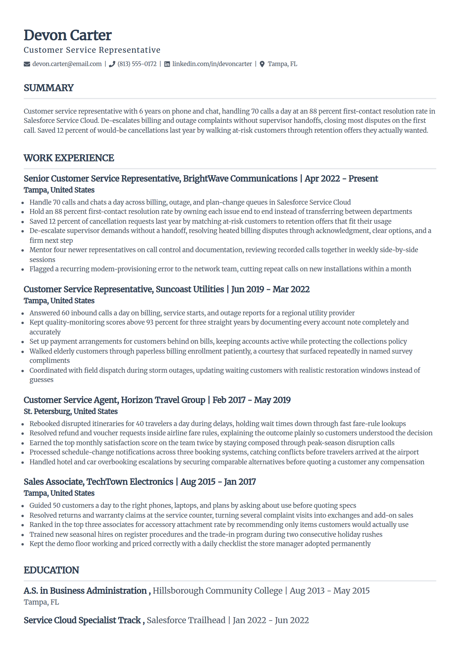 Experienced customer service representative resume example in the Classic template