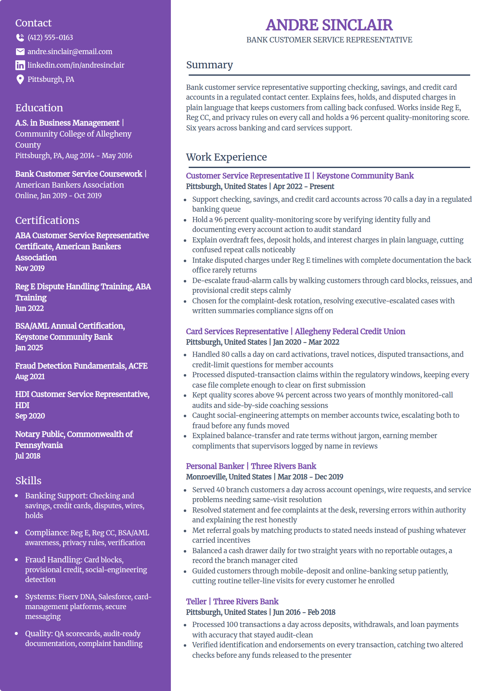 Bank and financial services customer service resume example in the Pioneer template