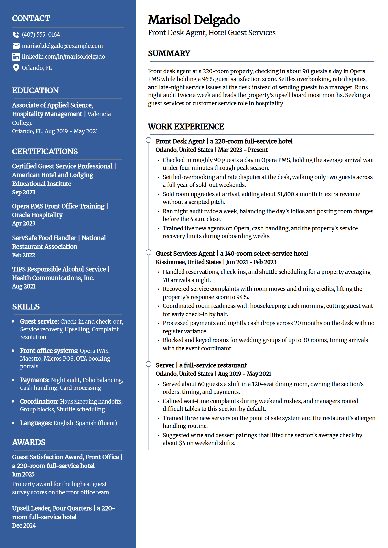 Hotel front desk and guest services customer service resume example in the Creative template