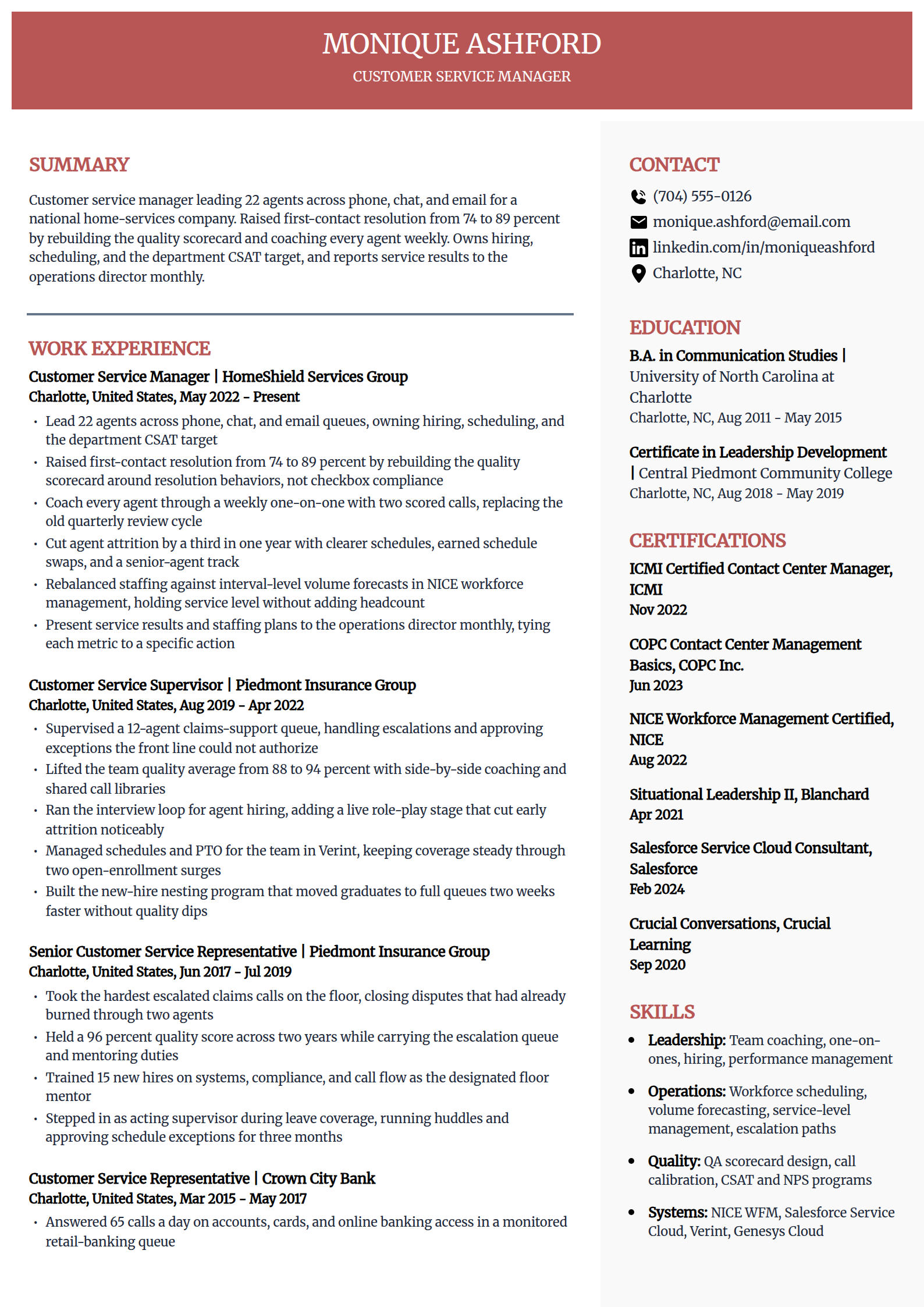 Customer service manager resume example in the Executive template