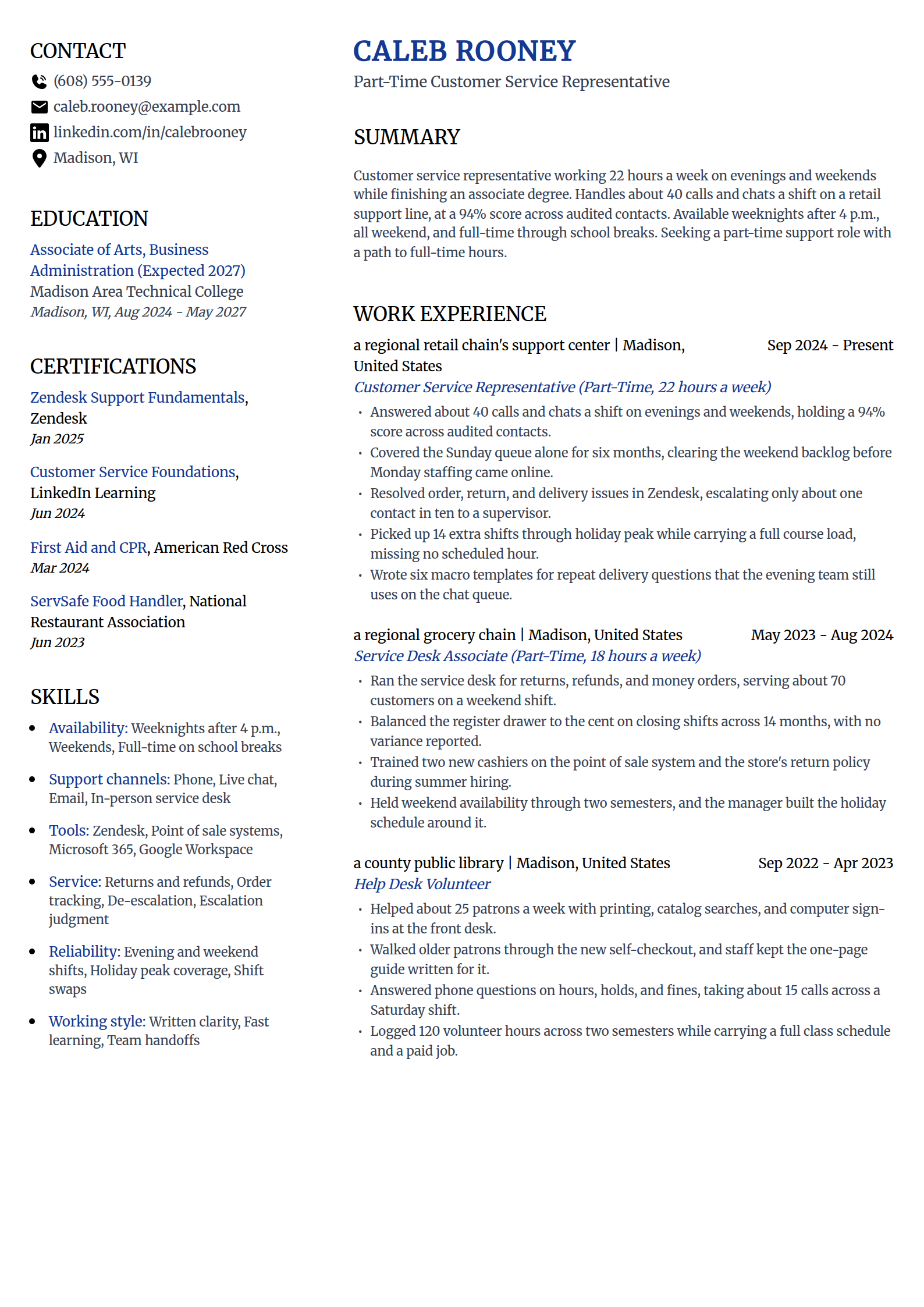 Part-time customer service resume example in the Voyage template