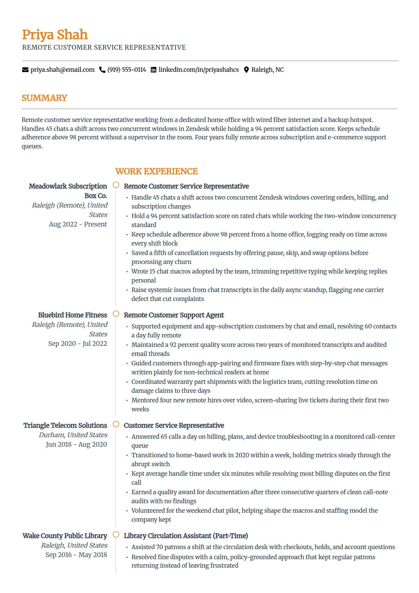 Remote customer service resume example in the Zenith template