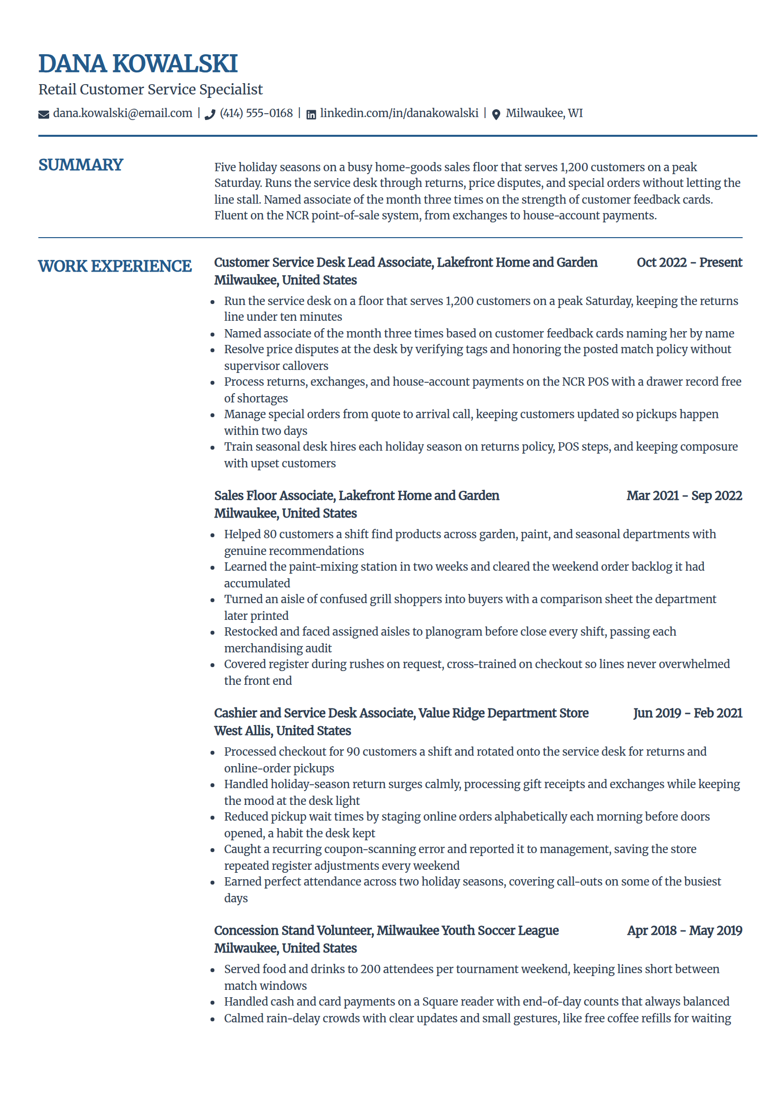 Retail customer service resume example in the Craft template