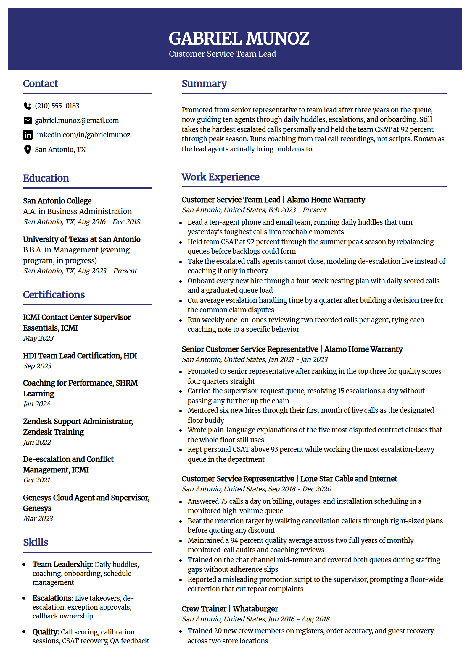 Customer service team lead resume example in the Visionary template