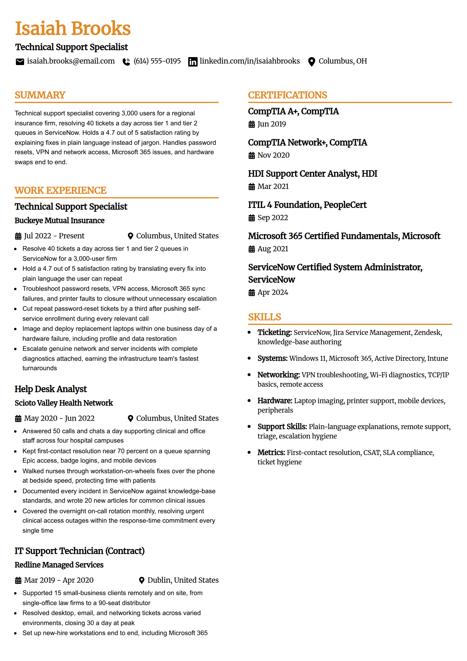 Technical support help desk resume example in the Professional Edge template