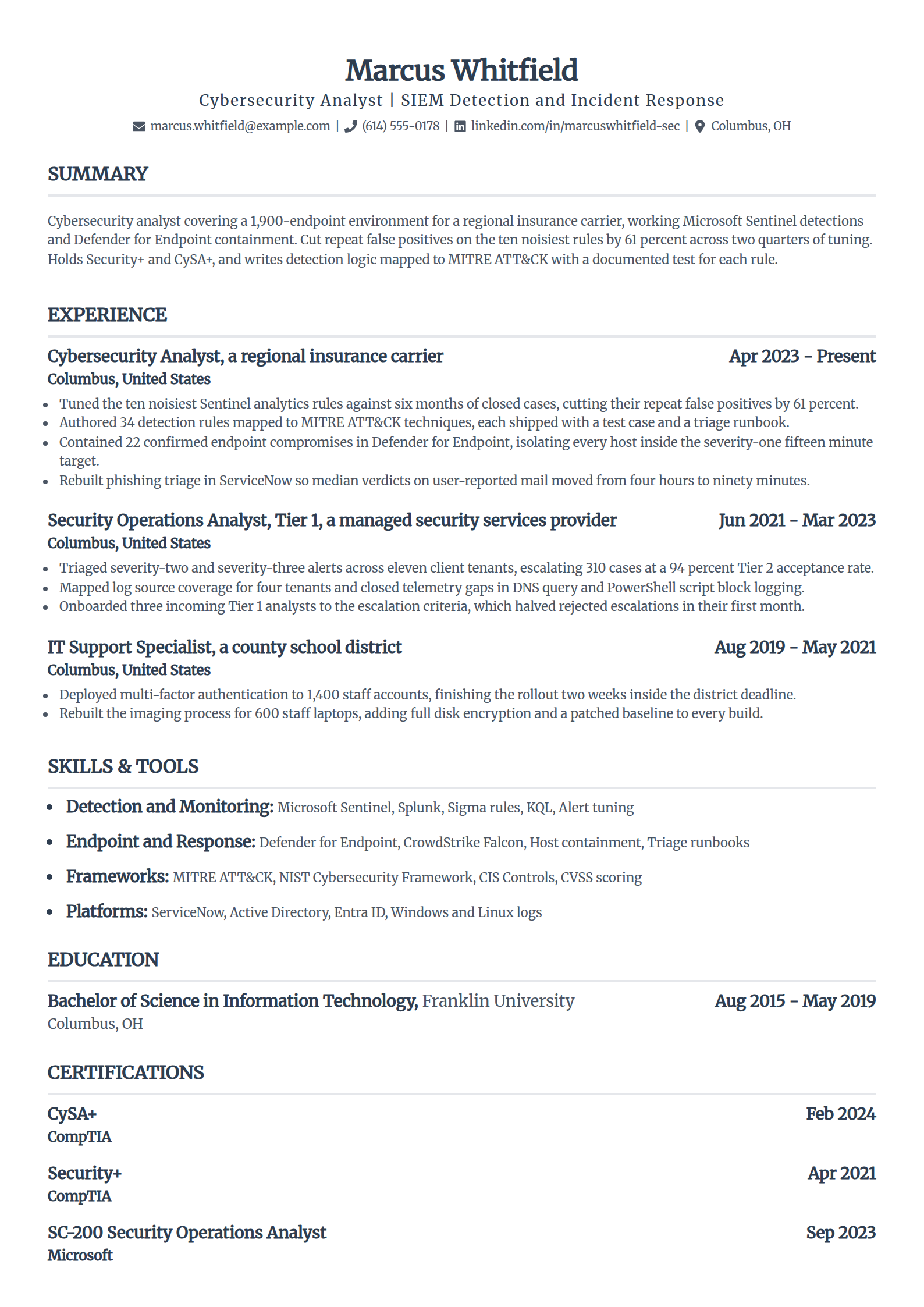 Cybersecurity analyst resume example in the Standard template