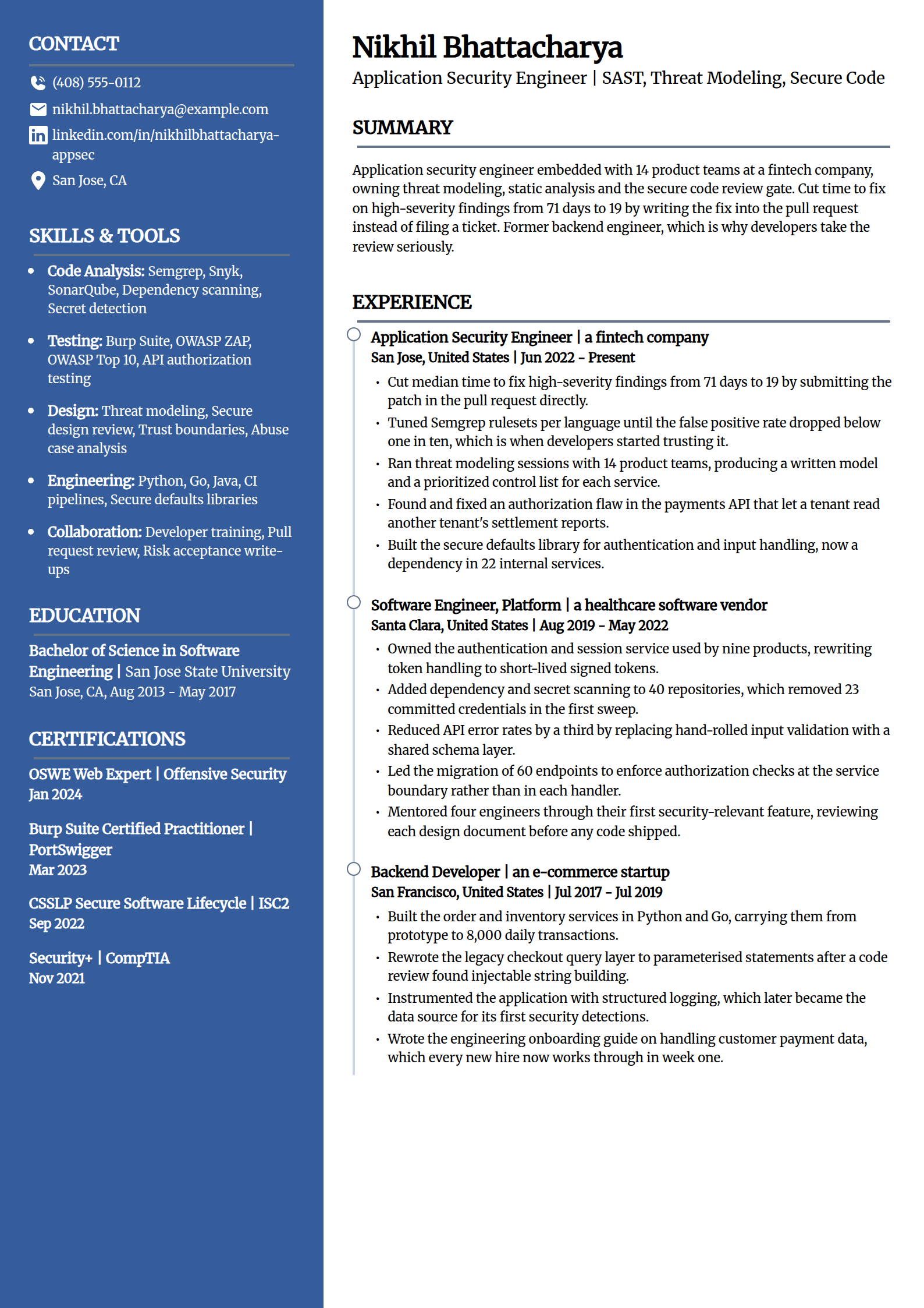 Application security engineer resume example in the Creative template