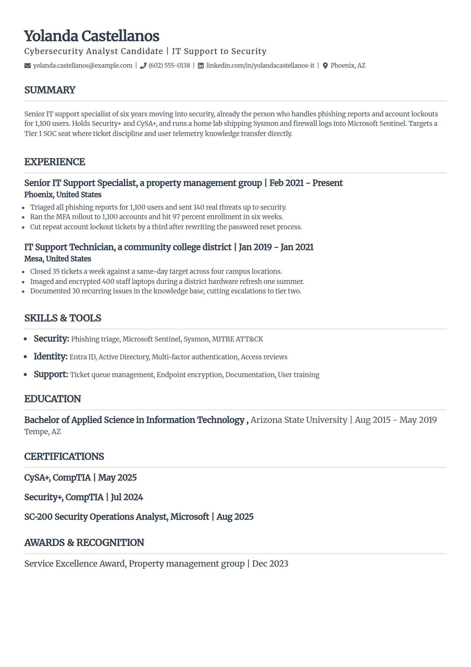 IT support to cybersecurity career change resume example in the Classic template