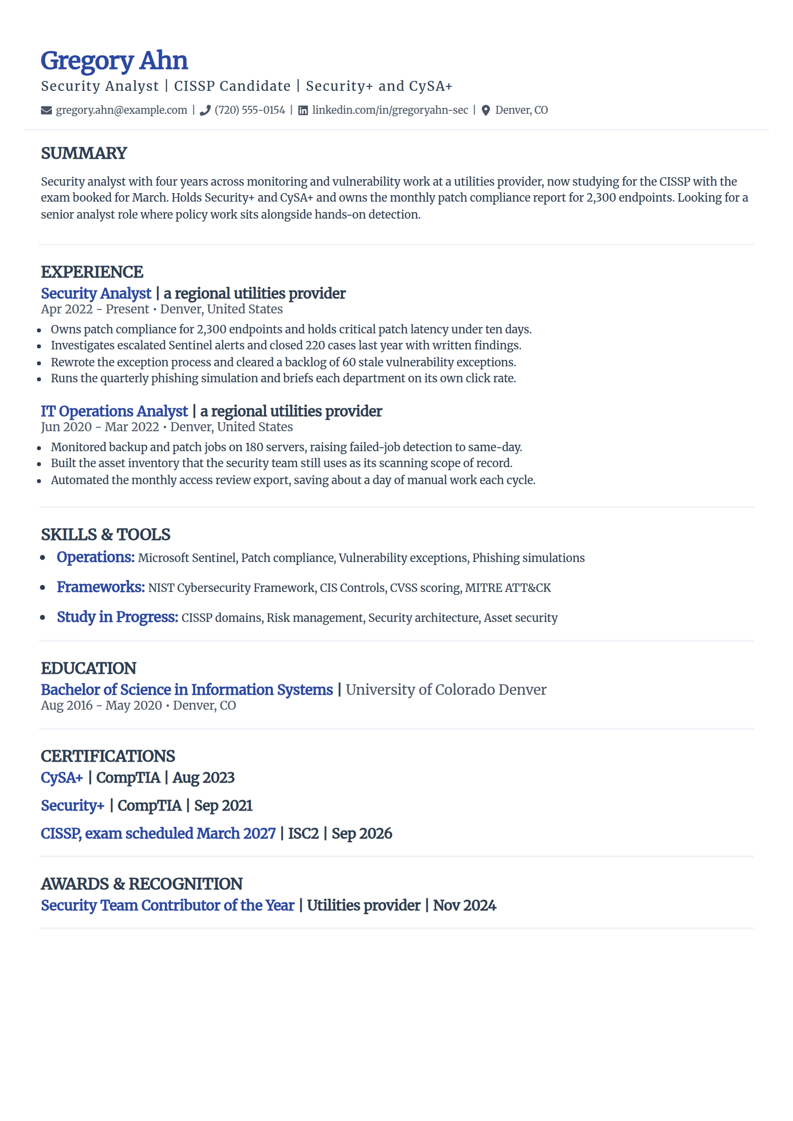 Security analyst with CISSP in progress resume example in the Elegant template