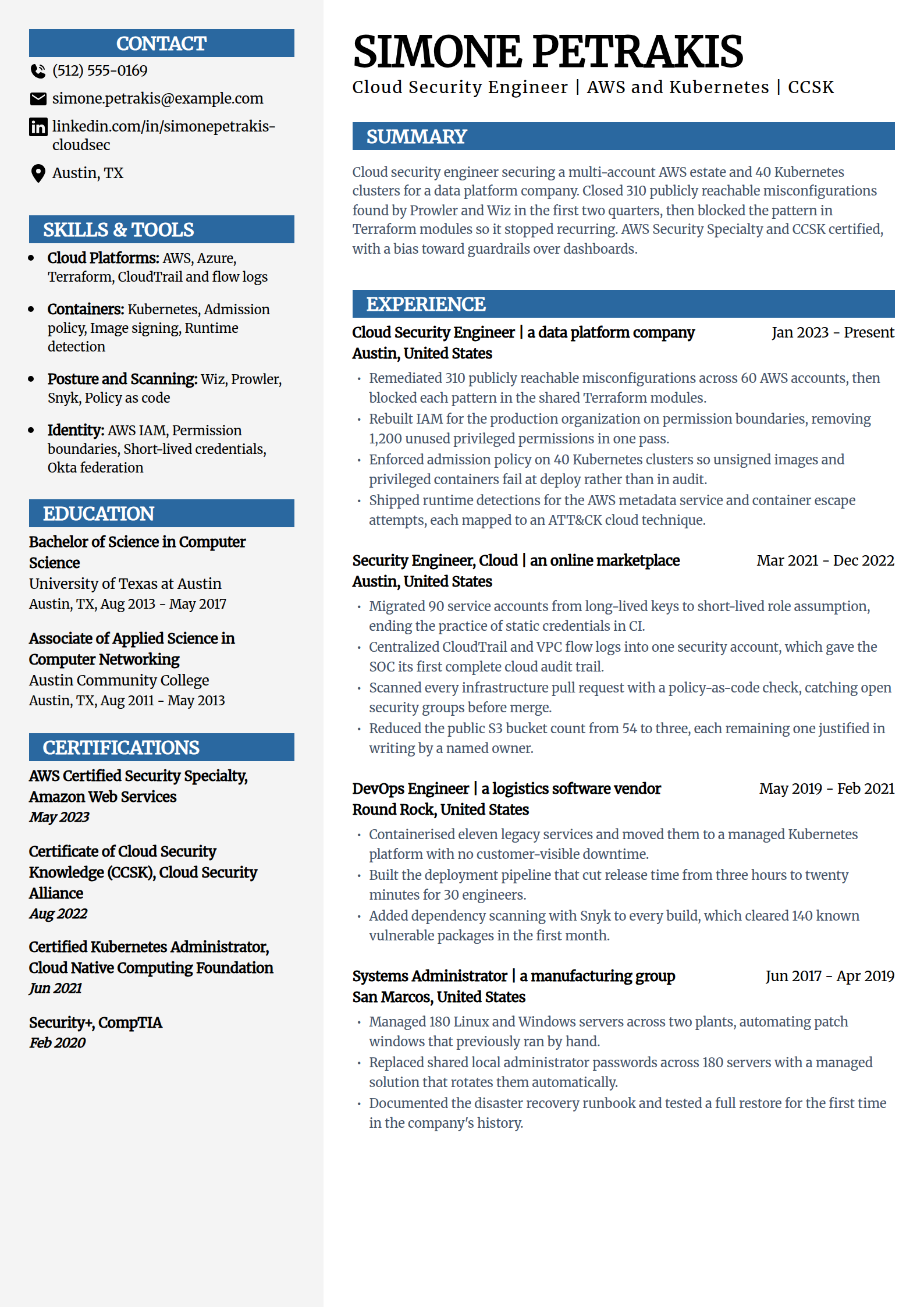 Cloud security engineer resume example in the Mosaic template