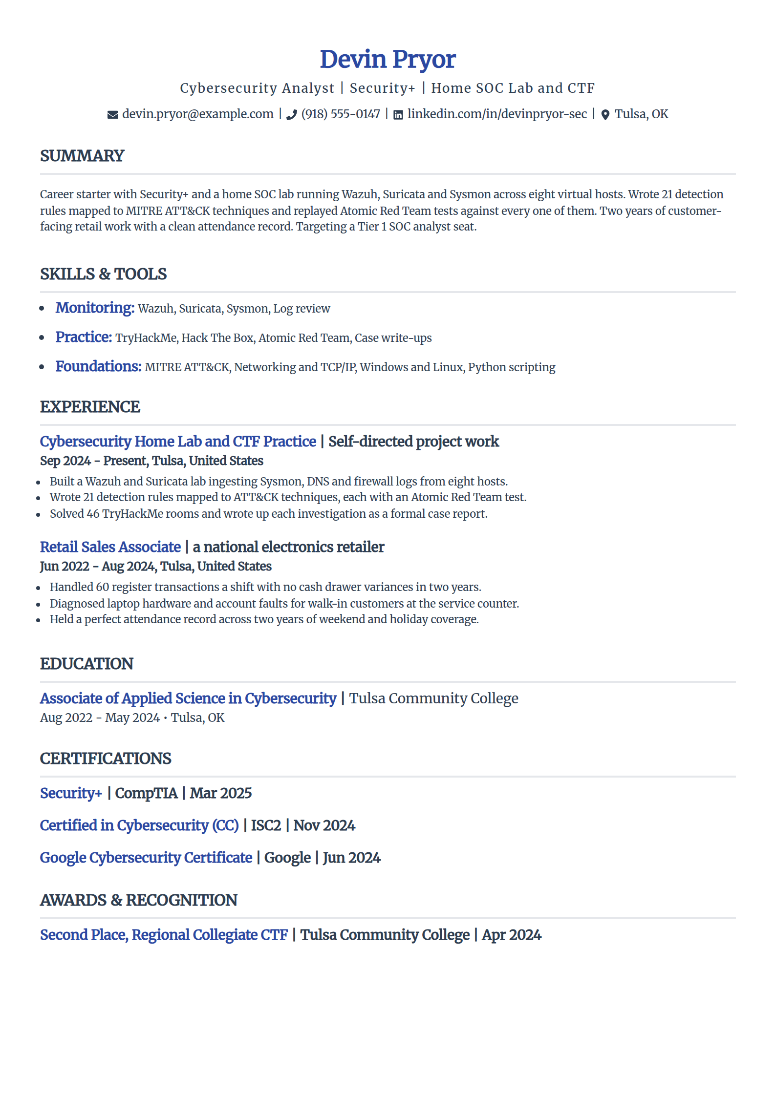Entry-level cybersecurity analyst resume example in the Simple template