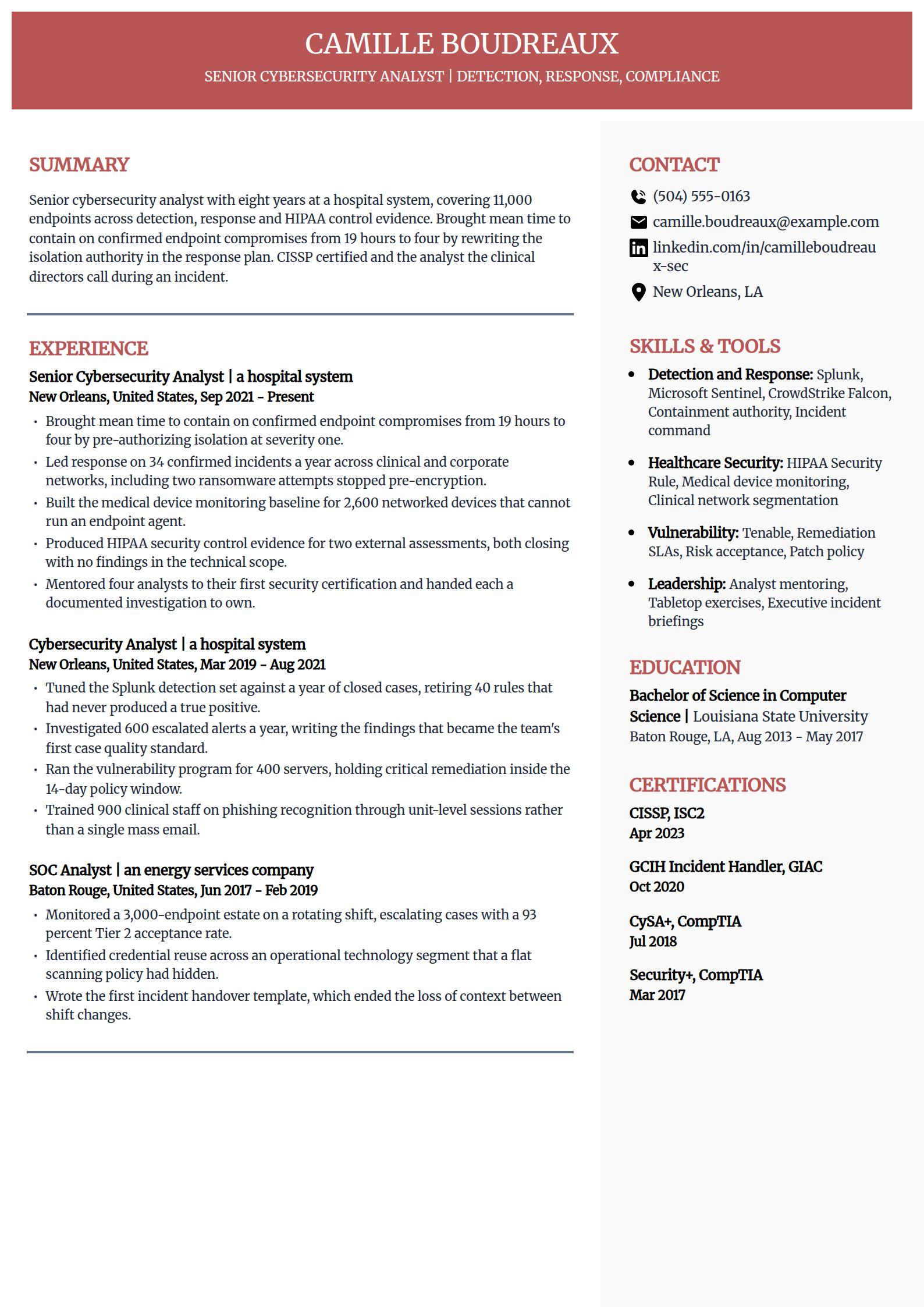 Senior cybersecurity analyst resume example in the Executive template