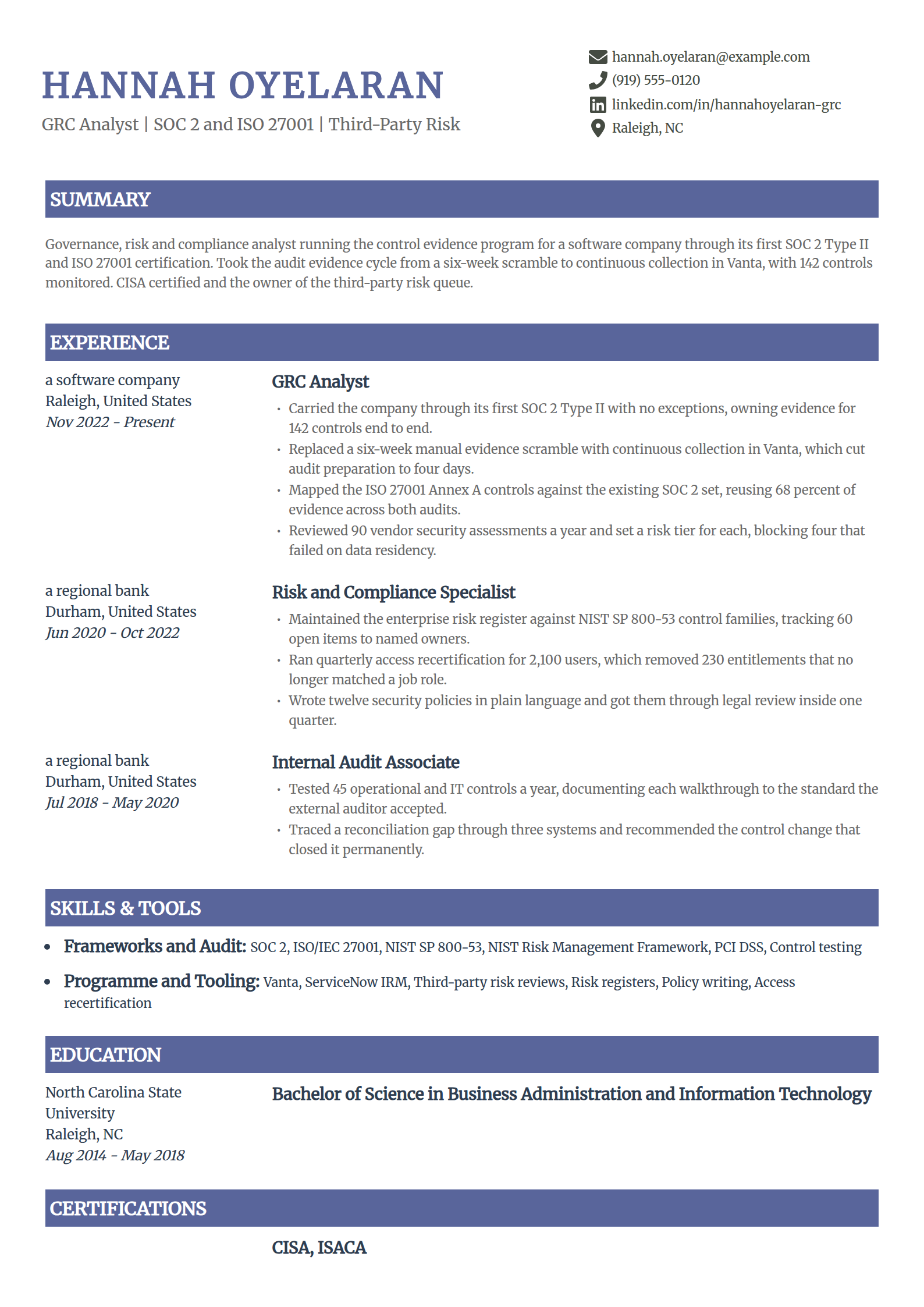 GRC analyst resume example in the Catalyst template