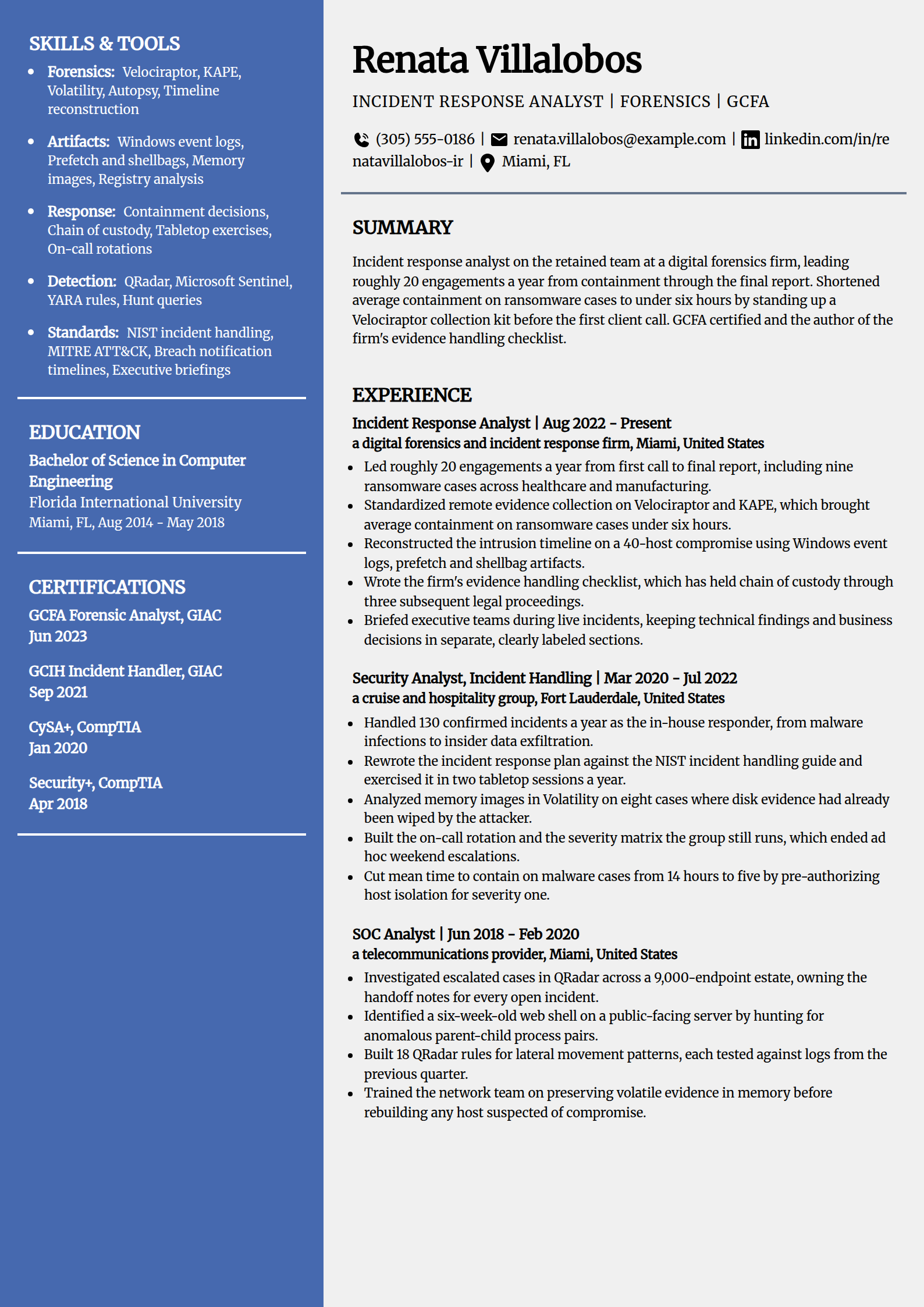 Incident response analyst resume example in the Innovative template