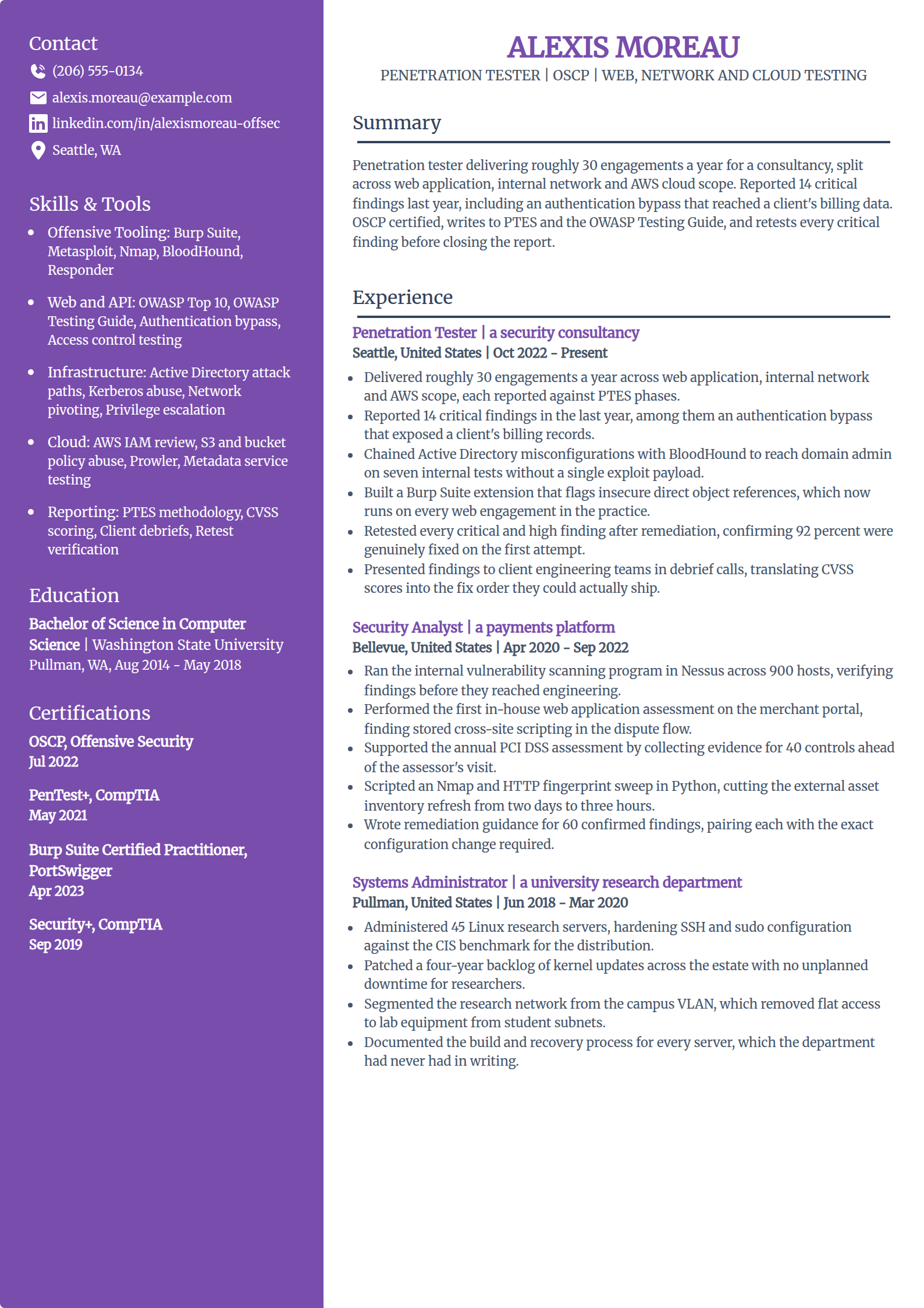Penetration tester resume example in the Pioneer template