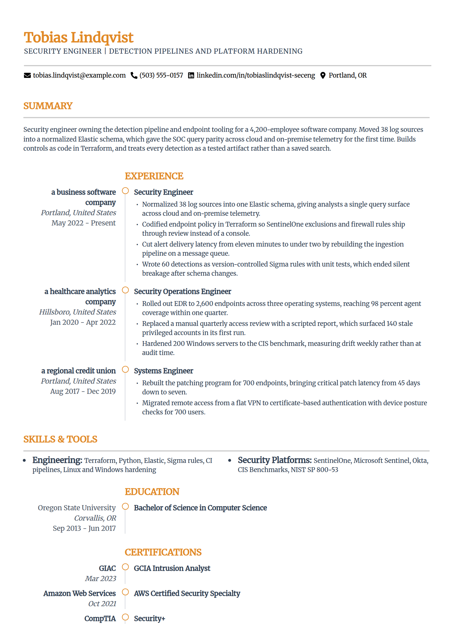 Security engineer resume example in the Zenith template
