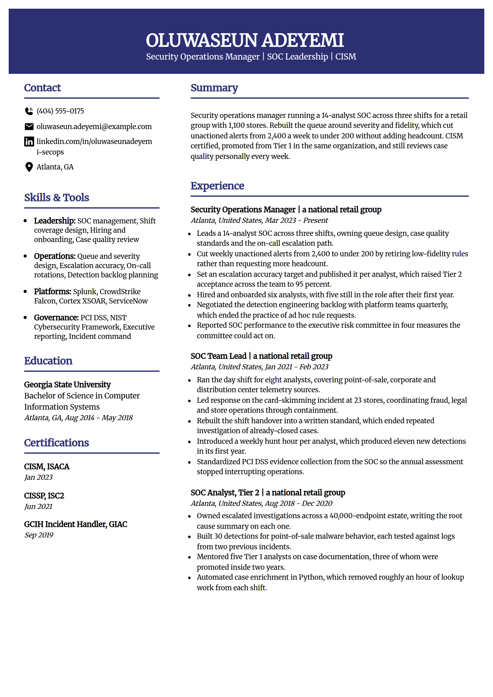 Security operations manager resume example in the Visionary template