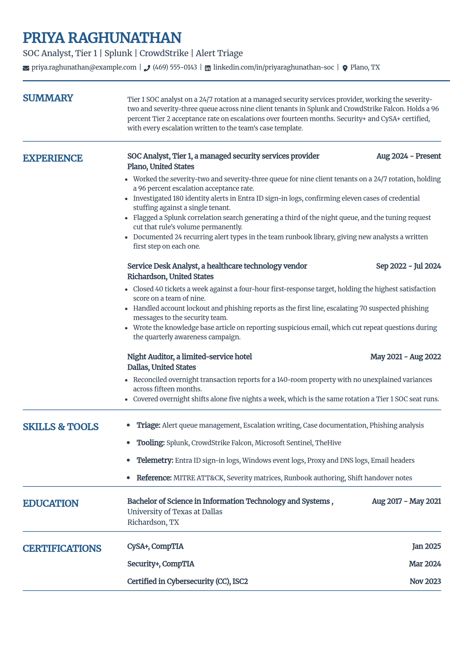 Tier 1 SOC analyst resume example in the Craft template