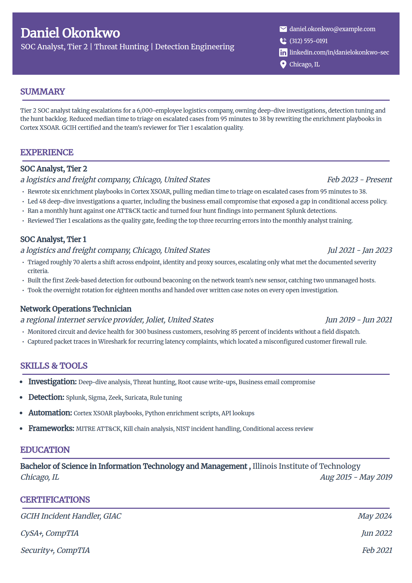 Tier 2 SOC analyst resume example in the Panorama template
