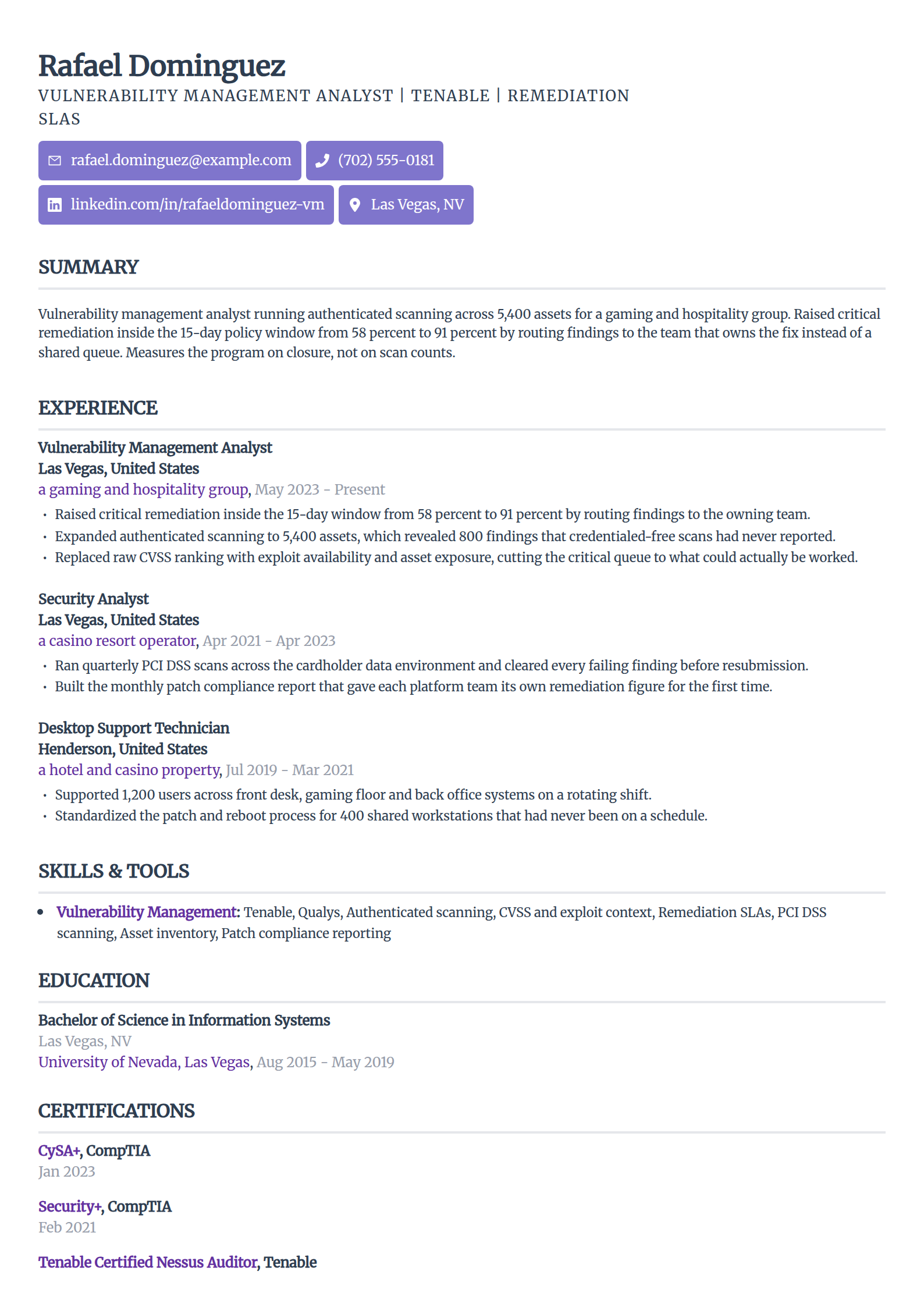 Vulnerability management analyst resume example in the Sleek Framework template