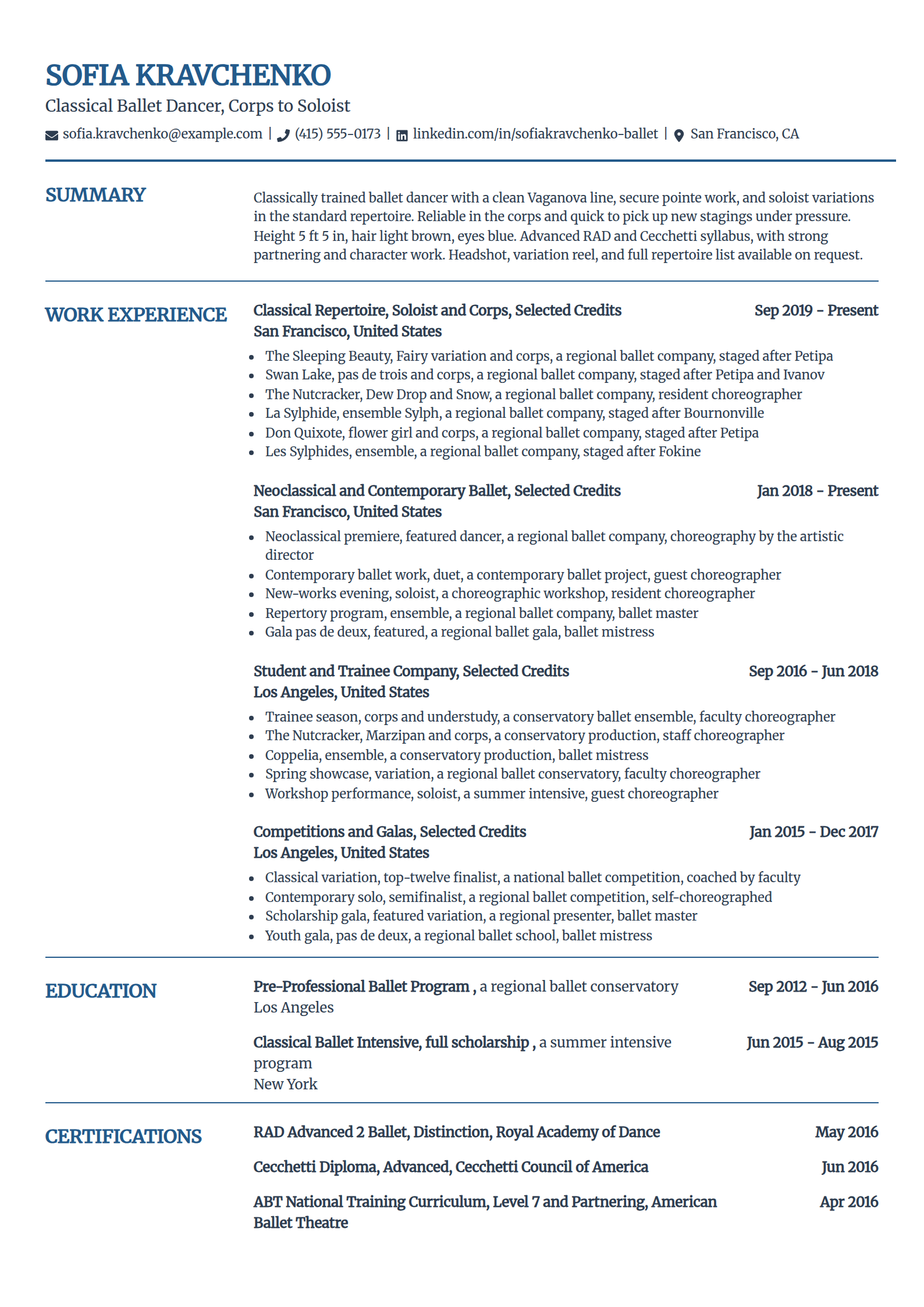 Classical ballet dancer resume example in the Craft template