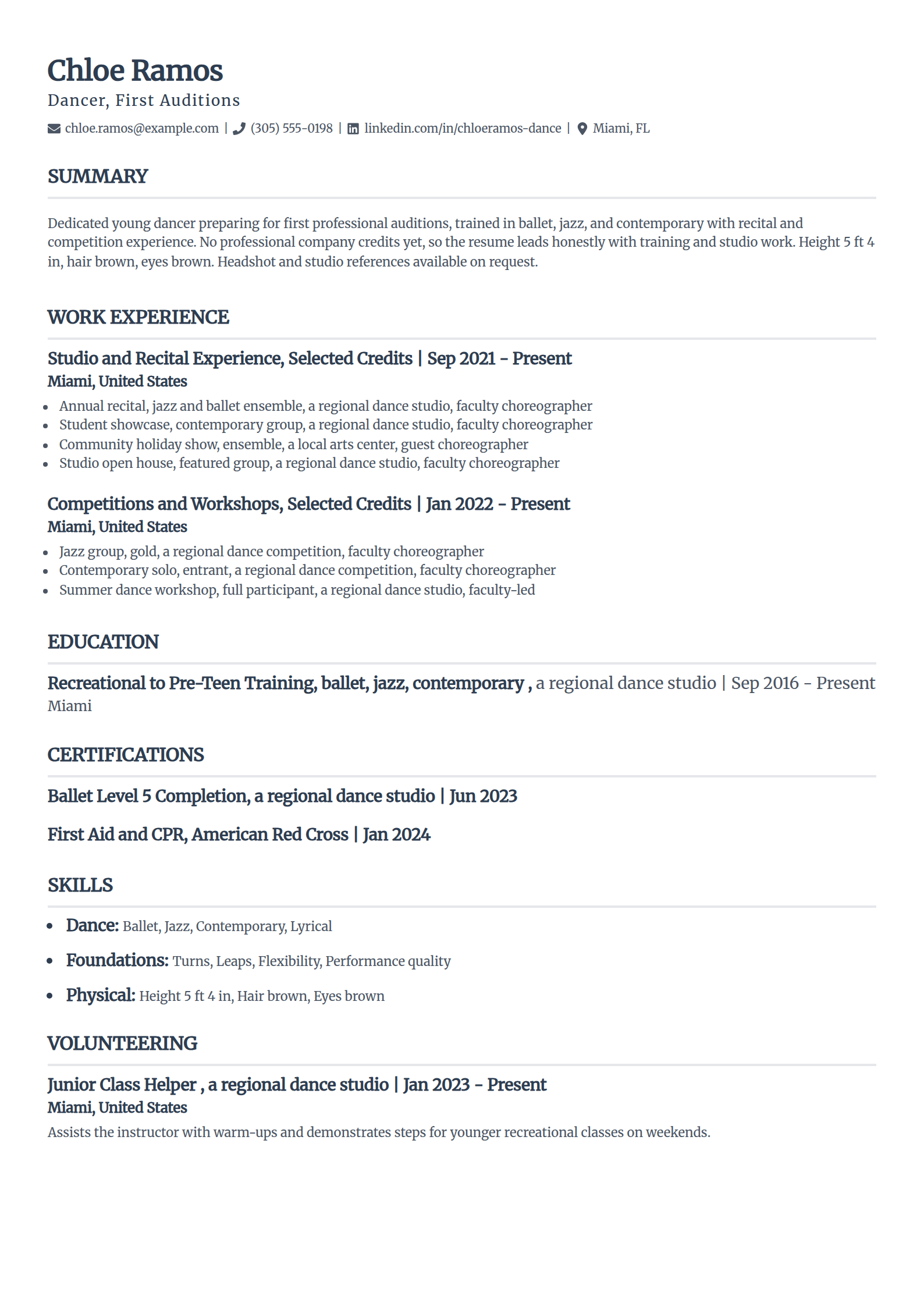 Beginner dance resume example with no professional credits in the Classic template