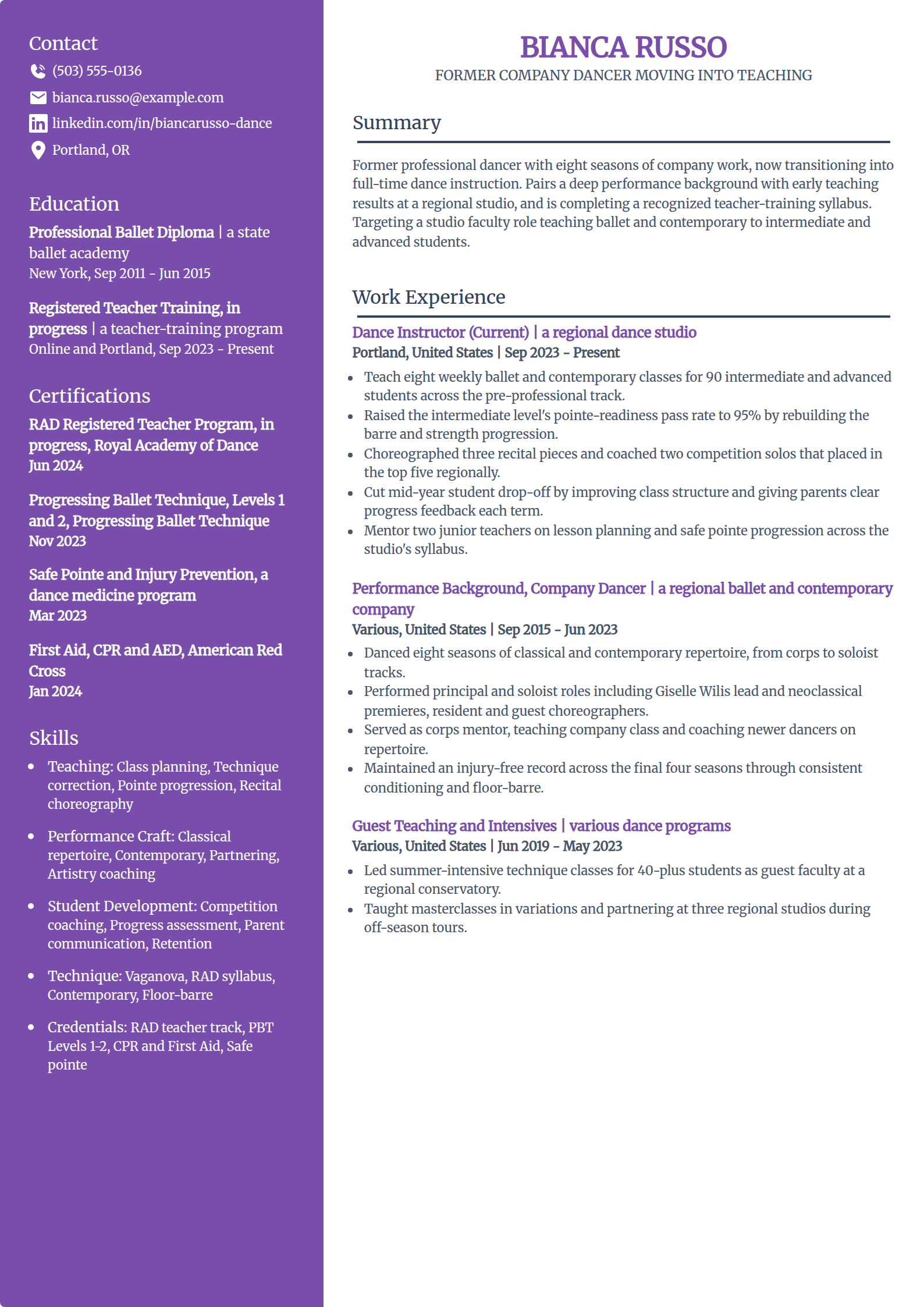 Dancer-to-instructor career changer resume example in the Pioneer template