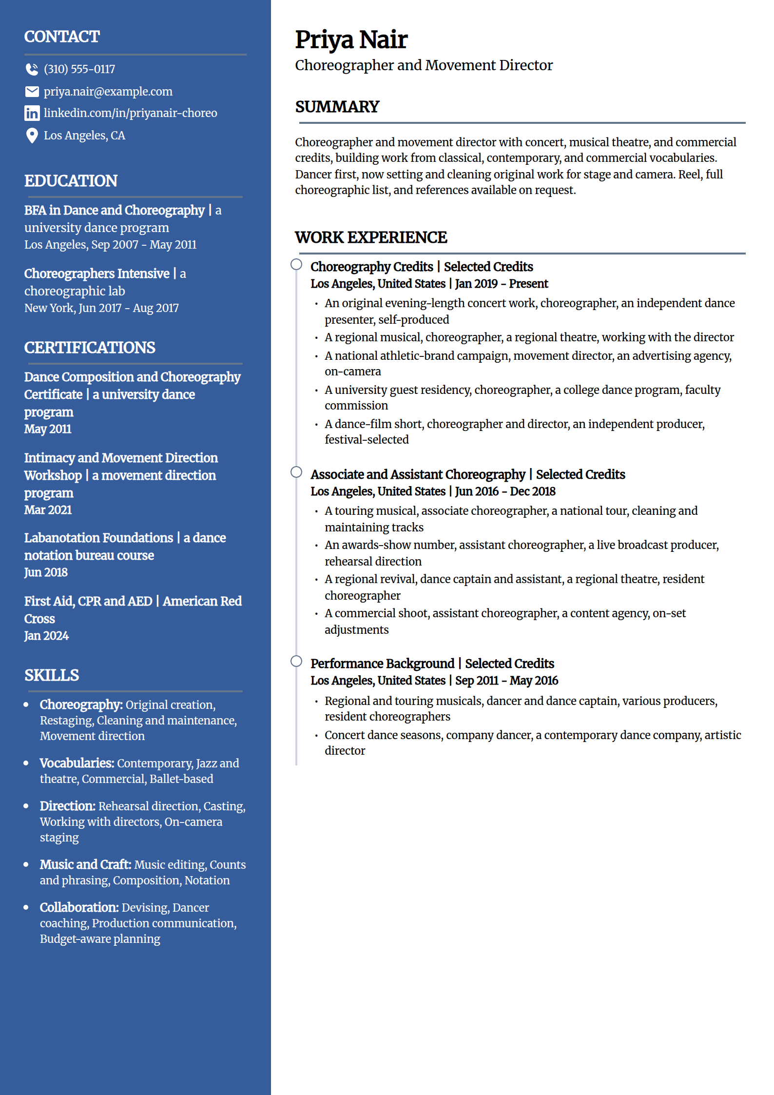 Choreographer and movement director resume example in the Creative template