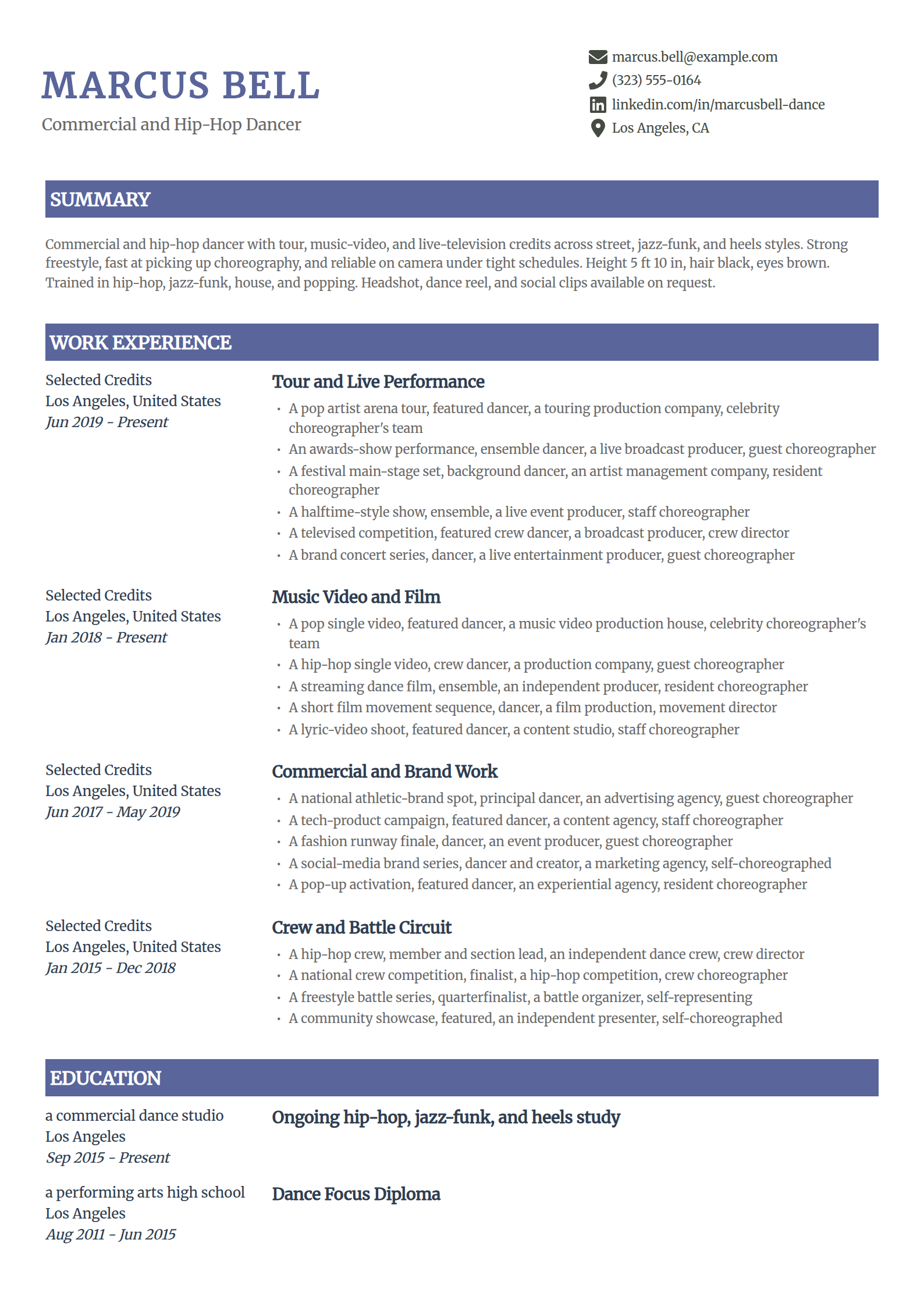 Commercial and hip-hop dancer resume example in the Catalyst template