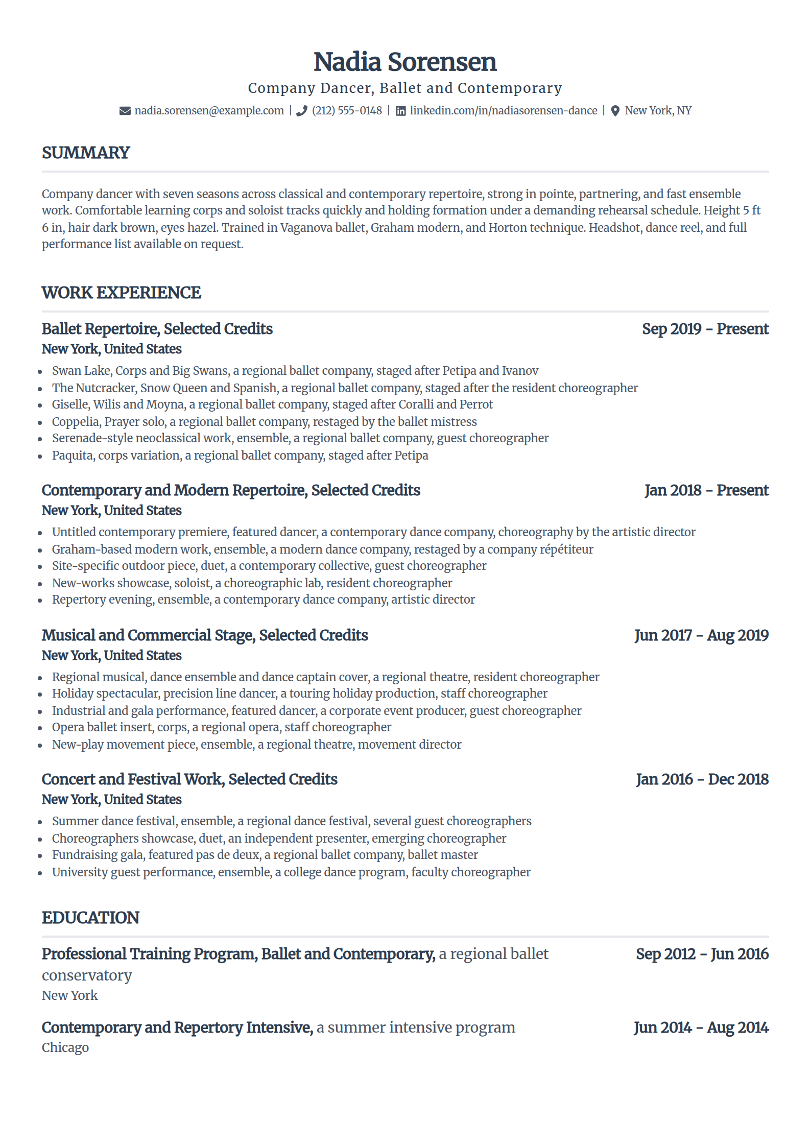 Company and ensemble dancer resume example in the Standard template