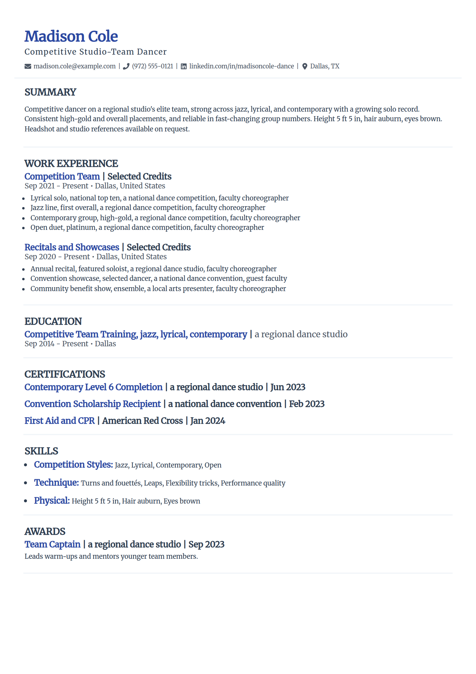 Competitive studio-team dancer resume example in the Elegant template