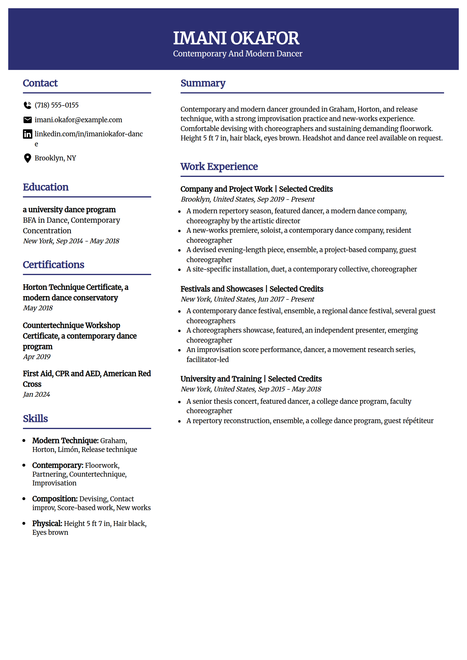 Contemporary and modern dancer resume example in the Visionary template