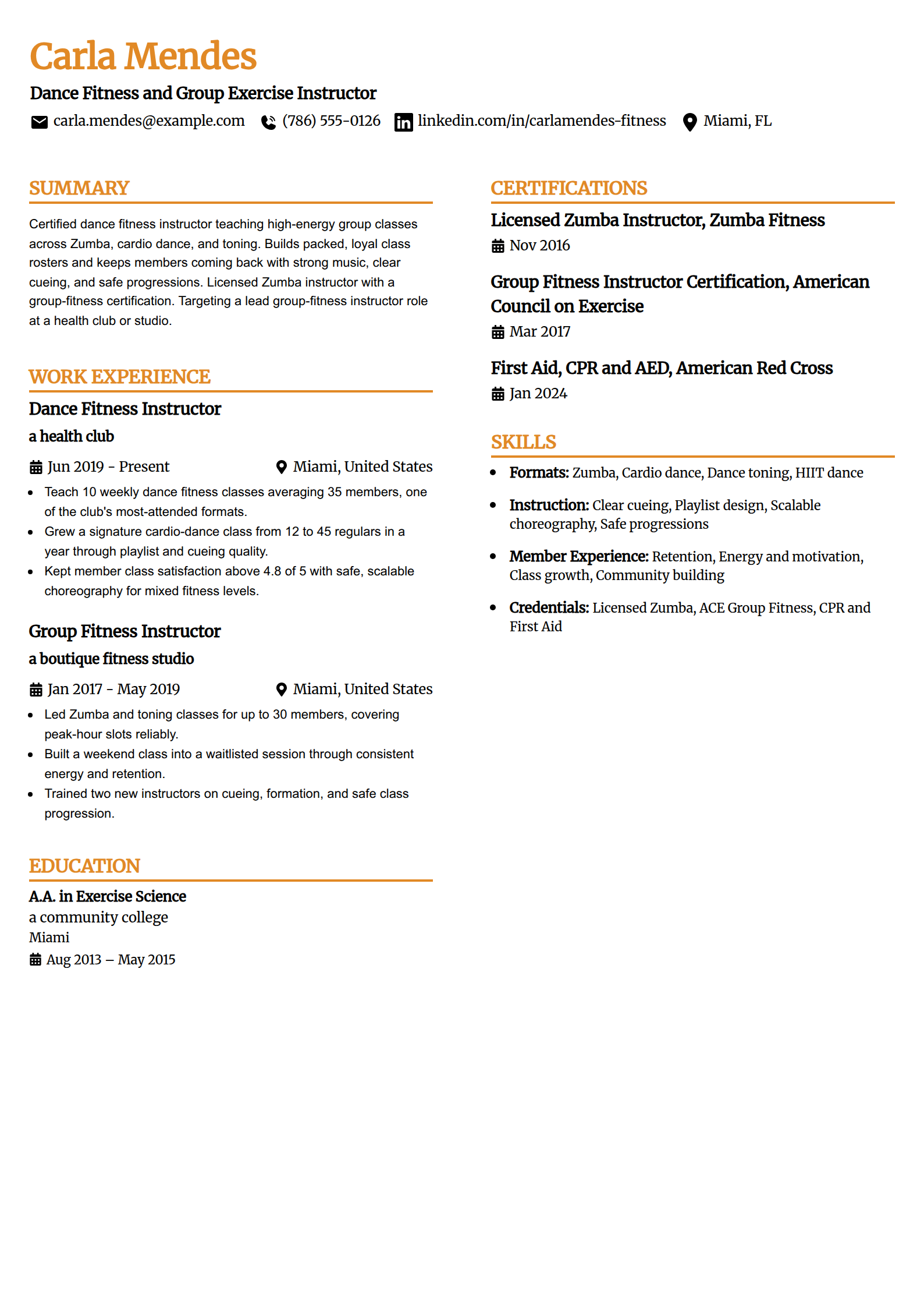 Dance fitness and Zumba instructor resume example in the Professional Edge template