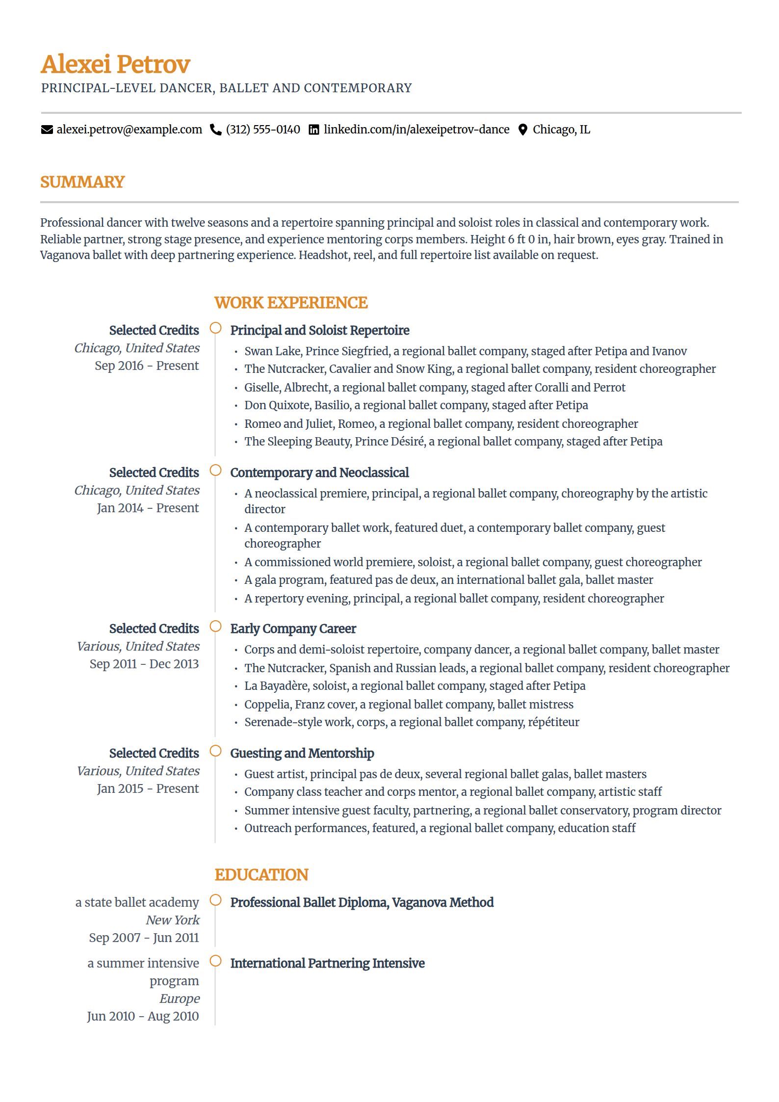 Experienced principal-level dancer resume example in the Zenith template