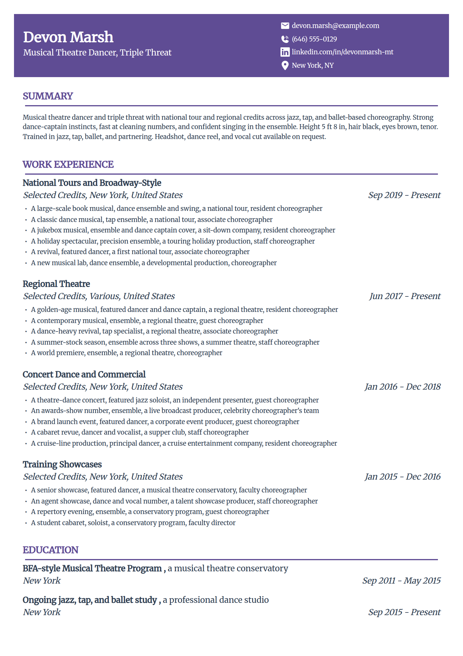 Musical theatre triple-threat dancer resume example in the Panorama template