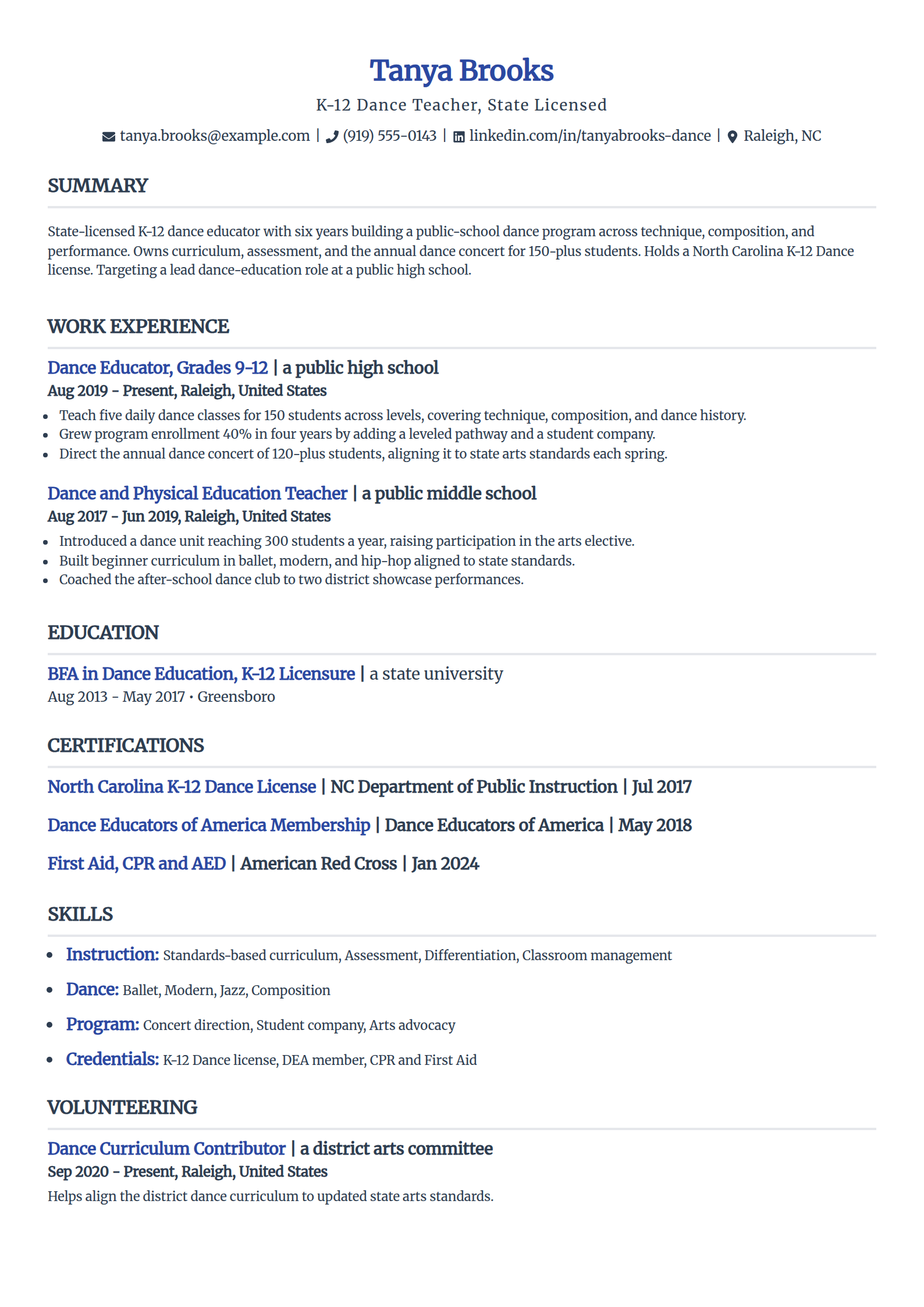K-12 state-licensed dance teacher resume example in the Simple template