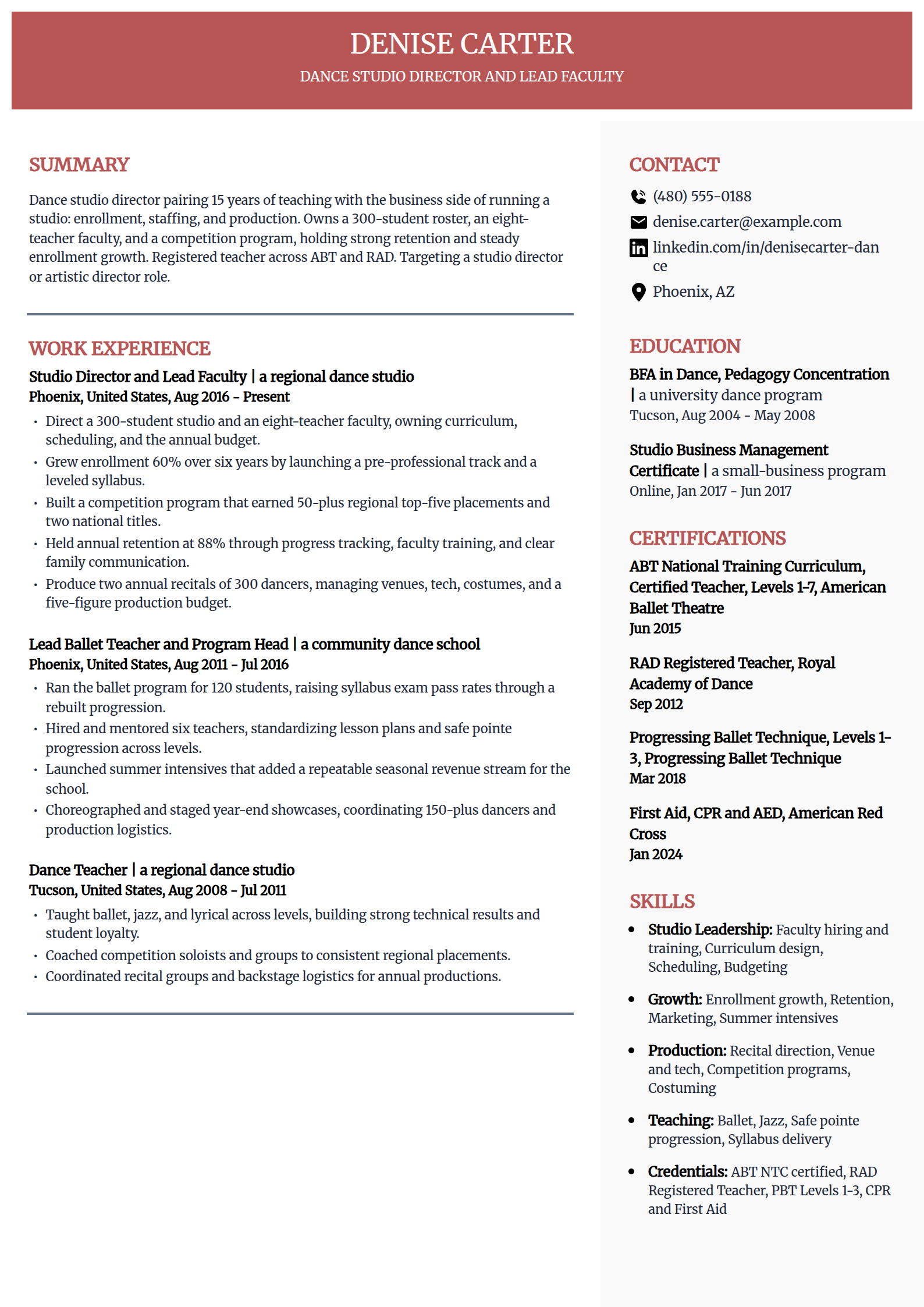 Dance studio director and owner resume example in the Executive template