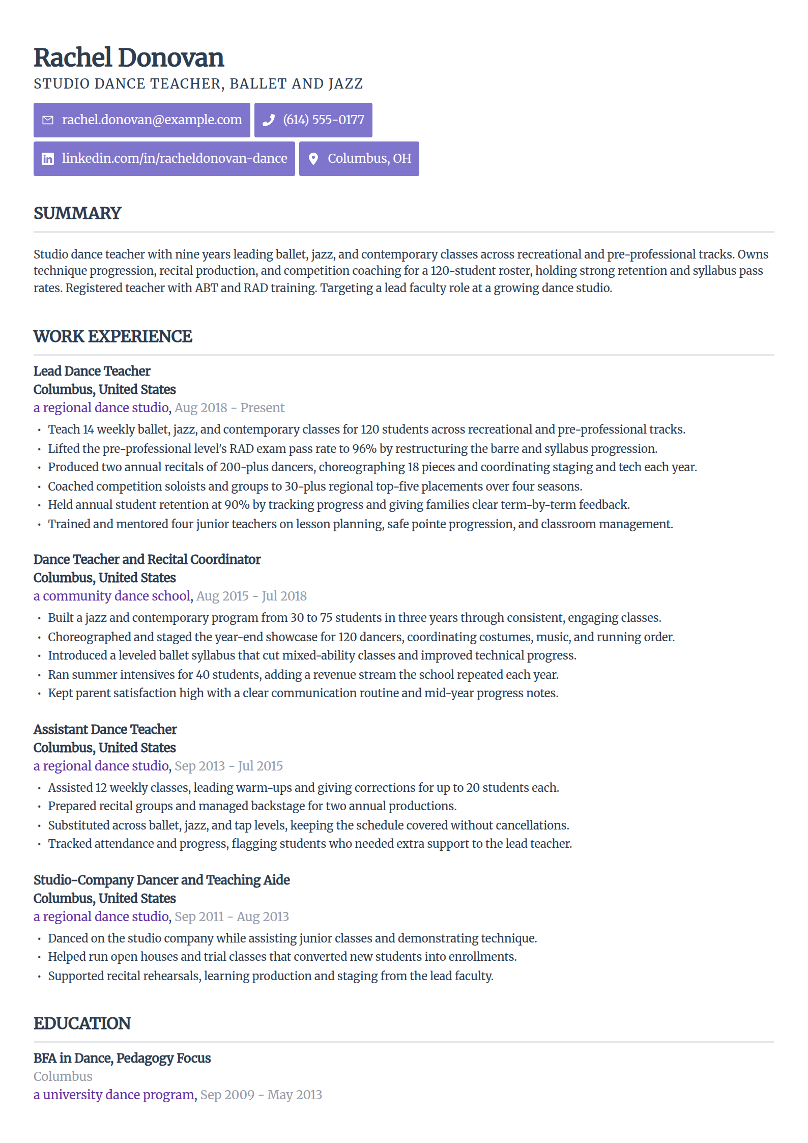 Studio dance teacher resume example in the Sleek Framework template