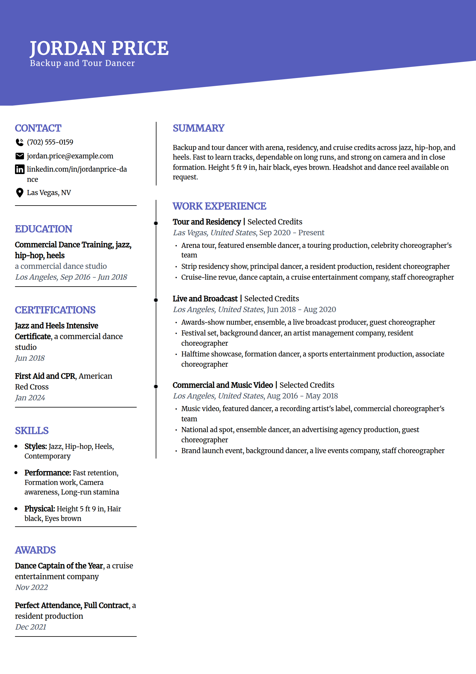 Backup and tour dancer resume example in the Orbit template