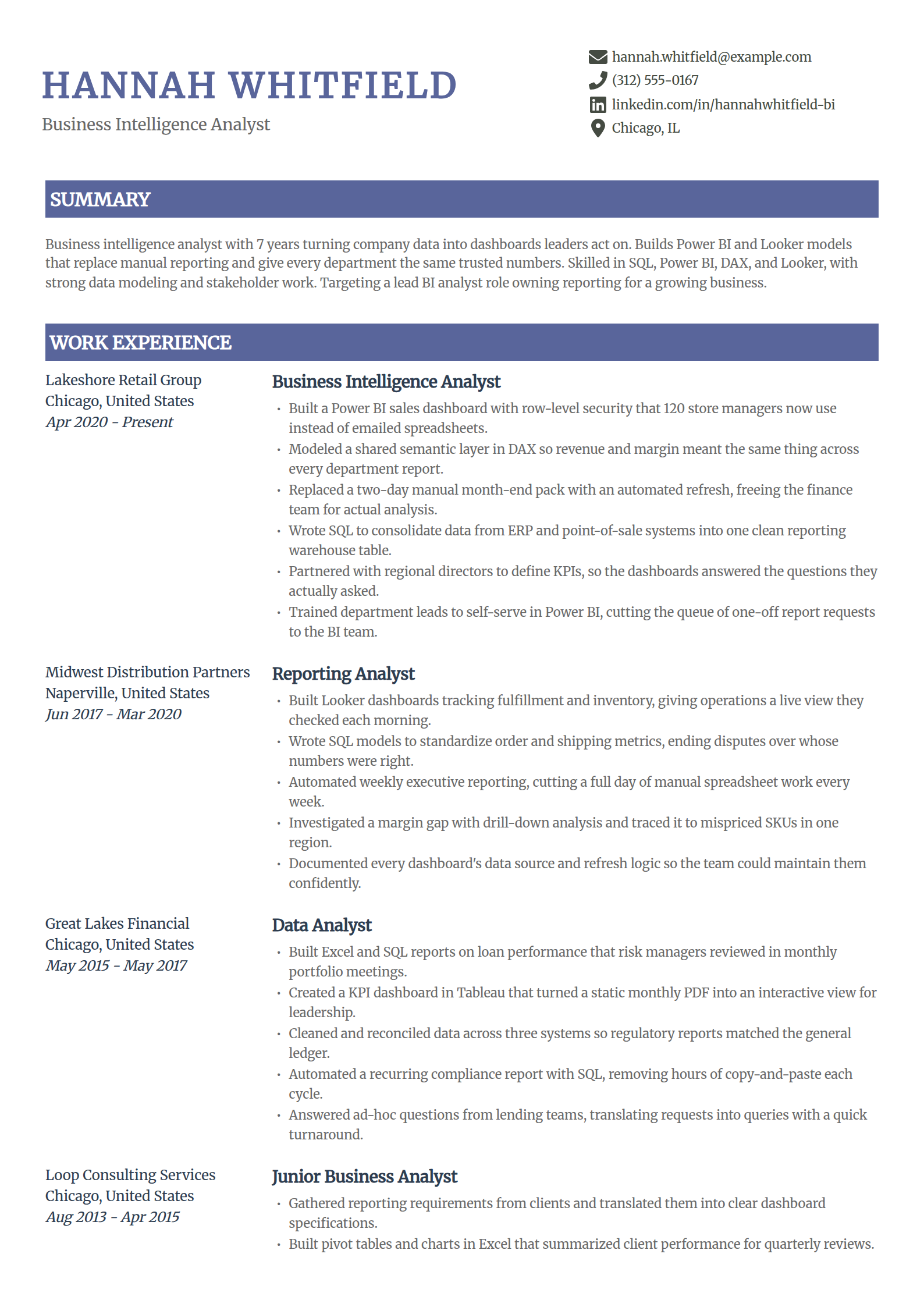 Business intelligence analyst resume example in the Catalyst template