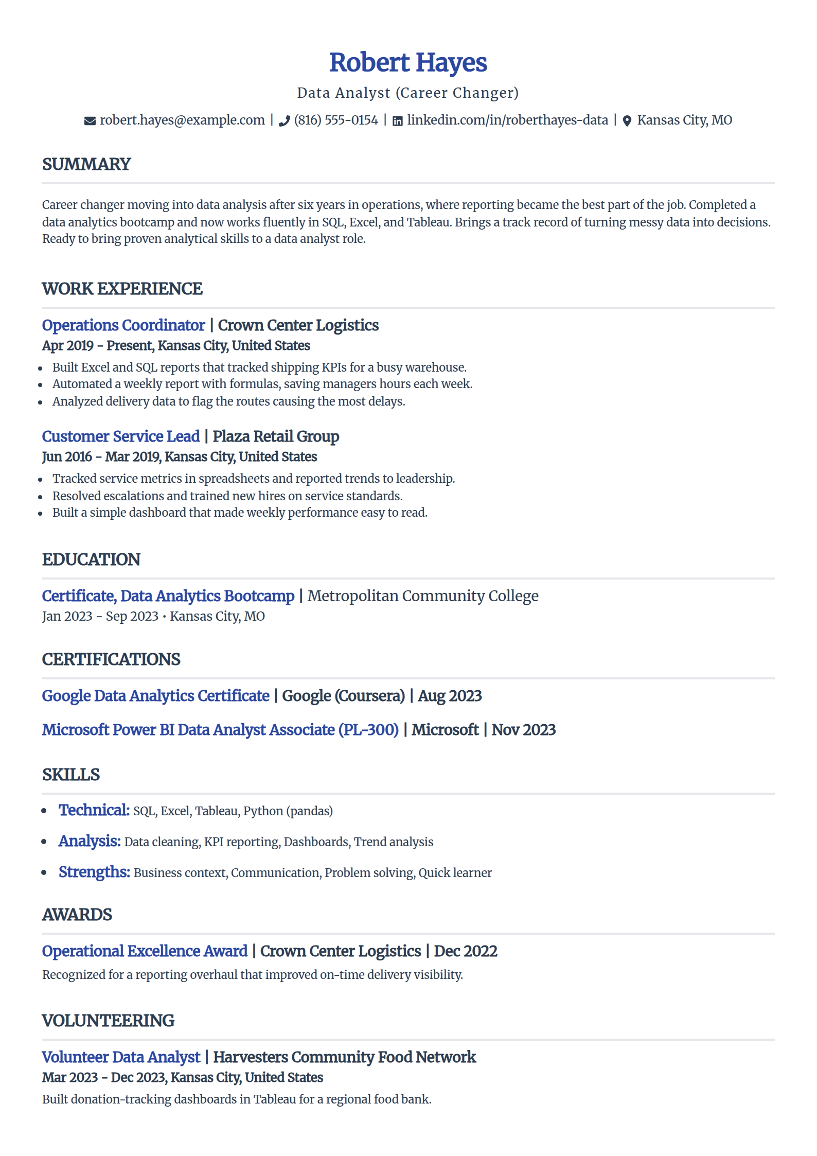 Career-change data analyst resume example in the Simple template