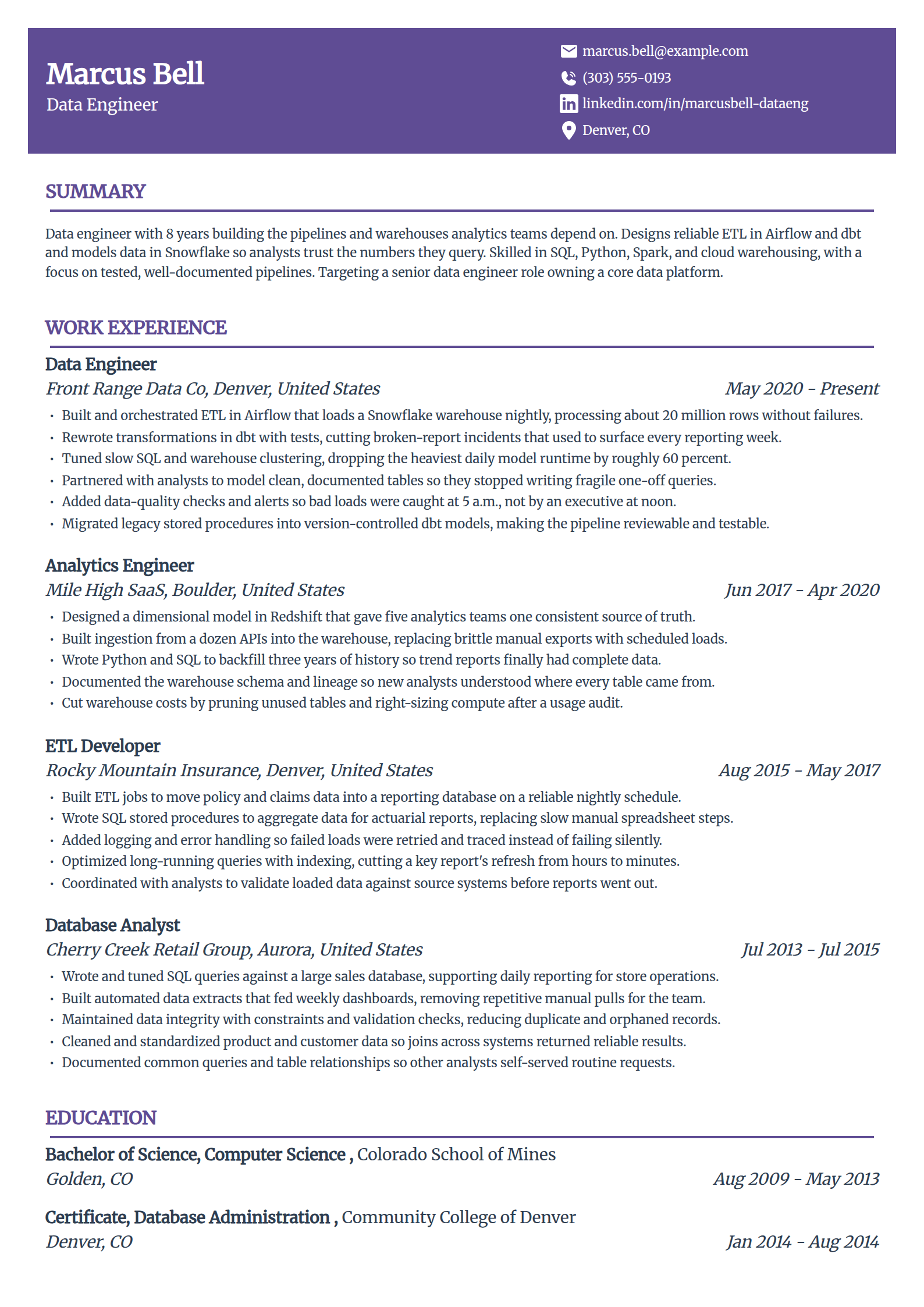 Data engineer resume example in the Panorama template