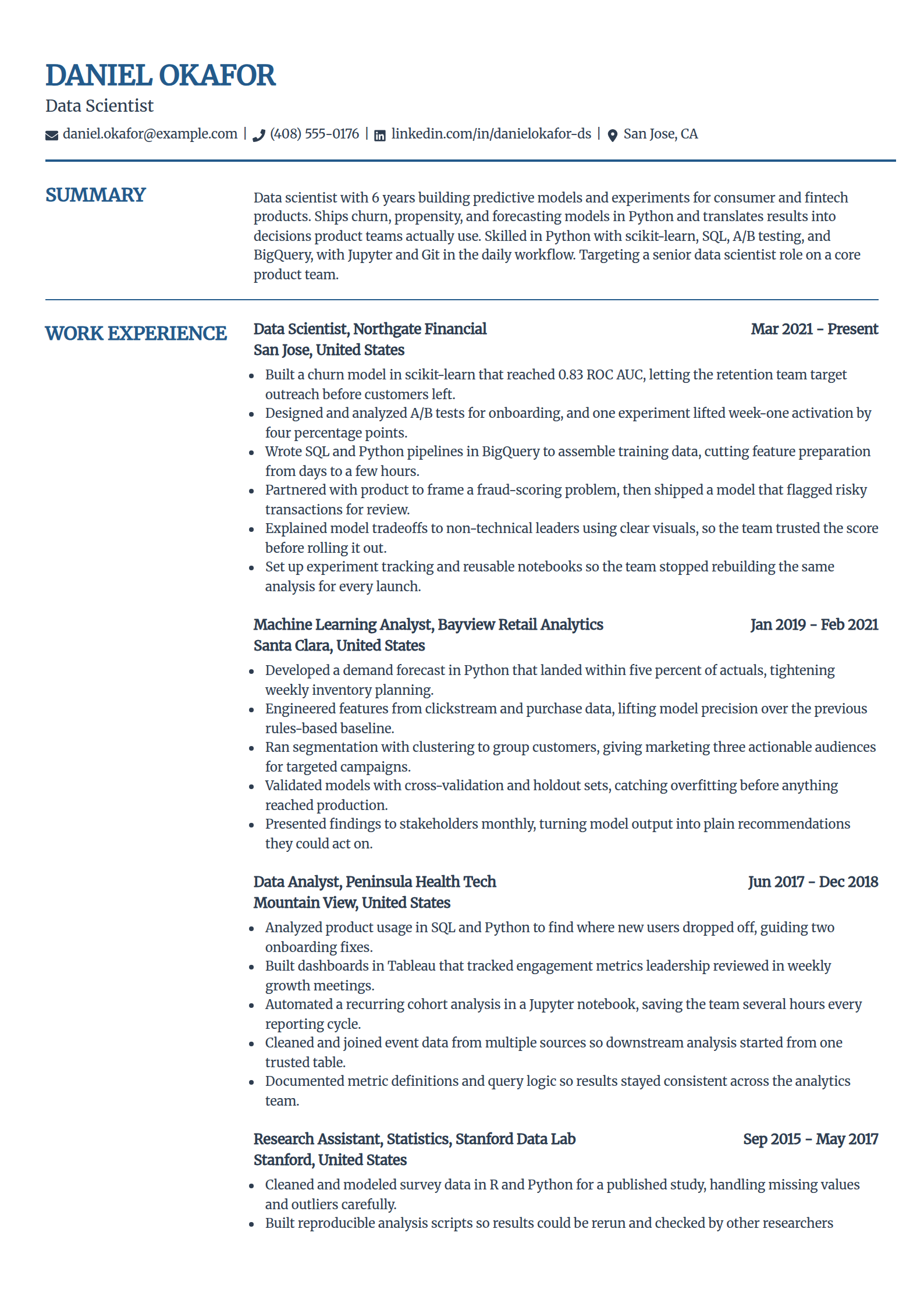 Data scientist resume example in the Craft template