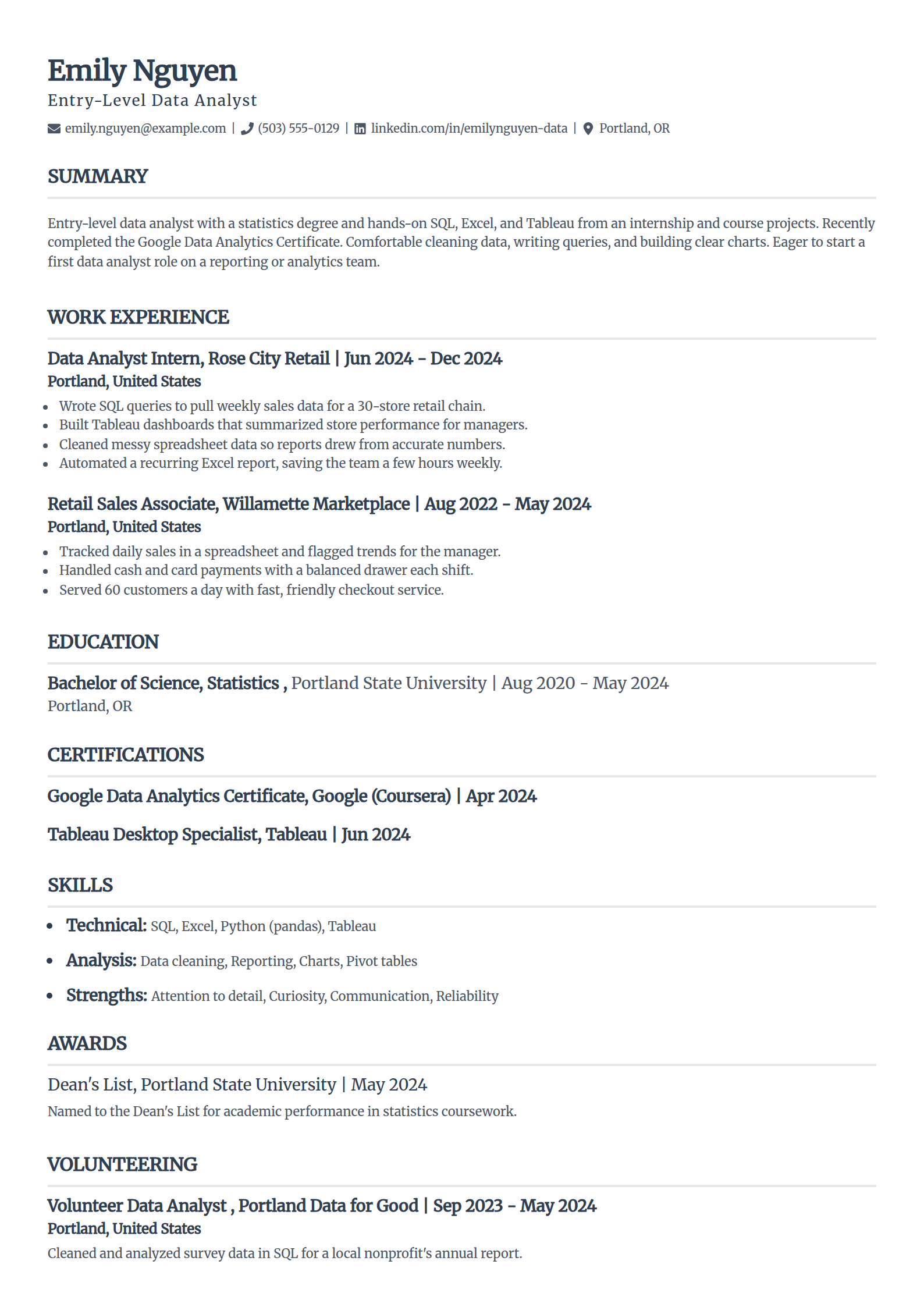 Entry-level data analyst resume example with no experience in the Classic template
