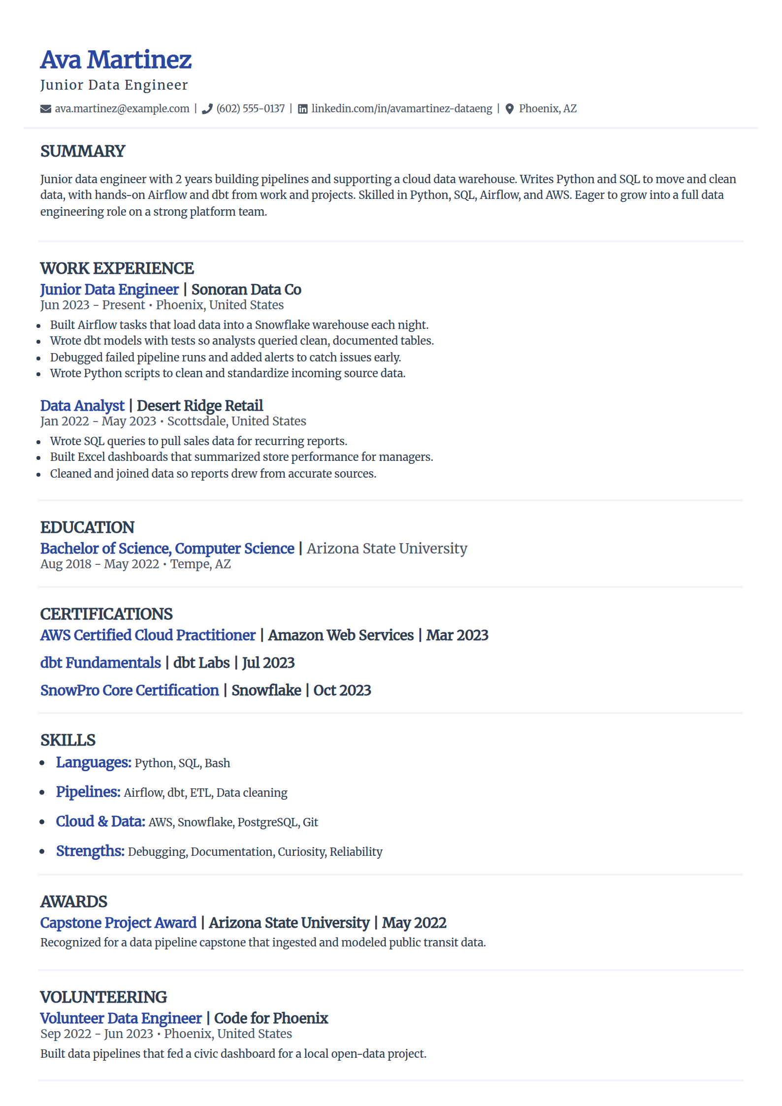 Junior data engineer resume example in the Elegant template