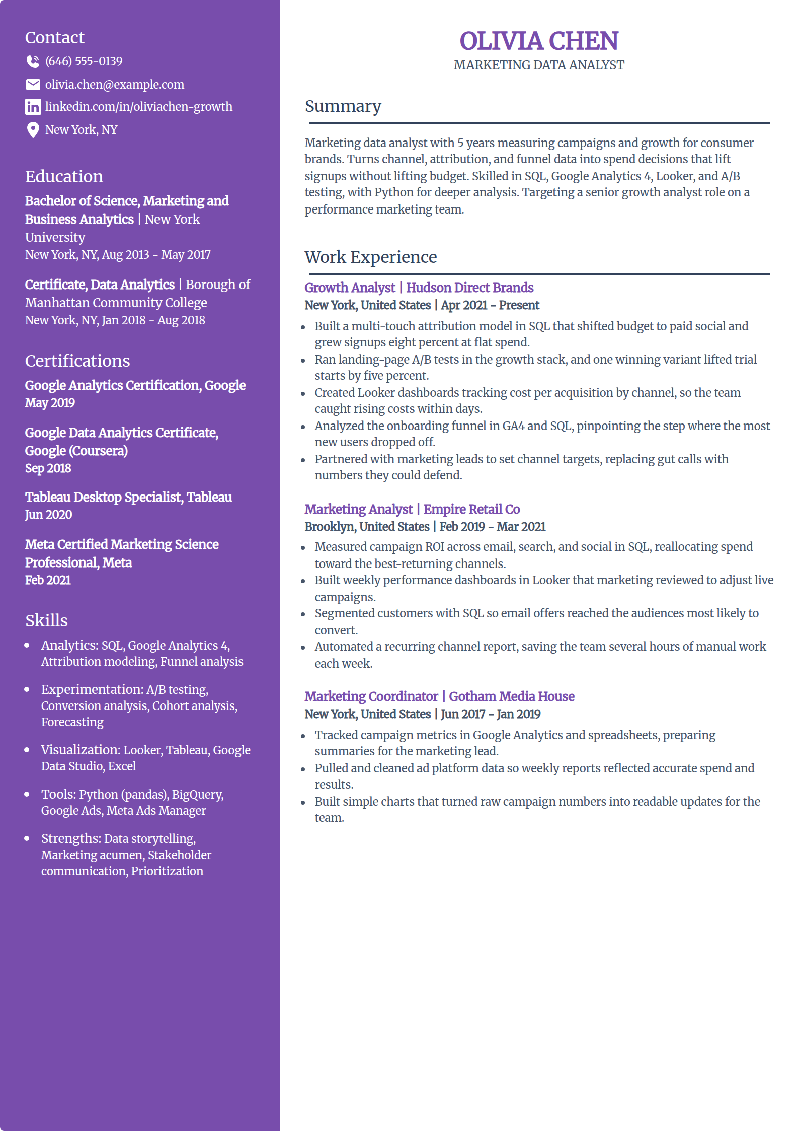 Marketing and growth analyst resume example in the Pioneer template