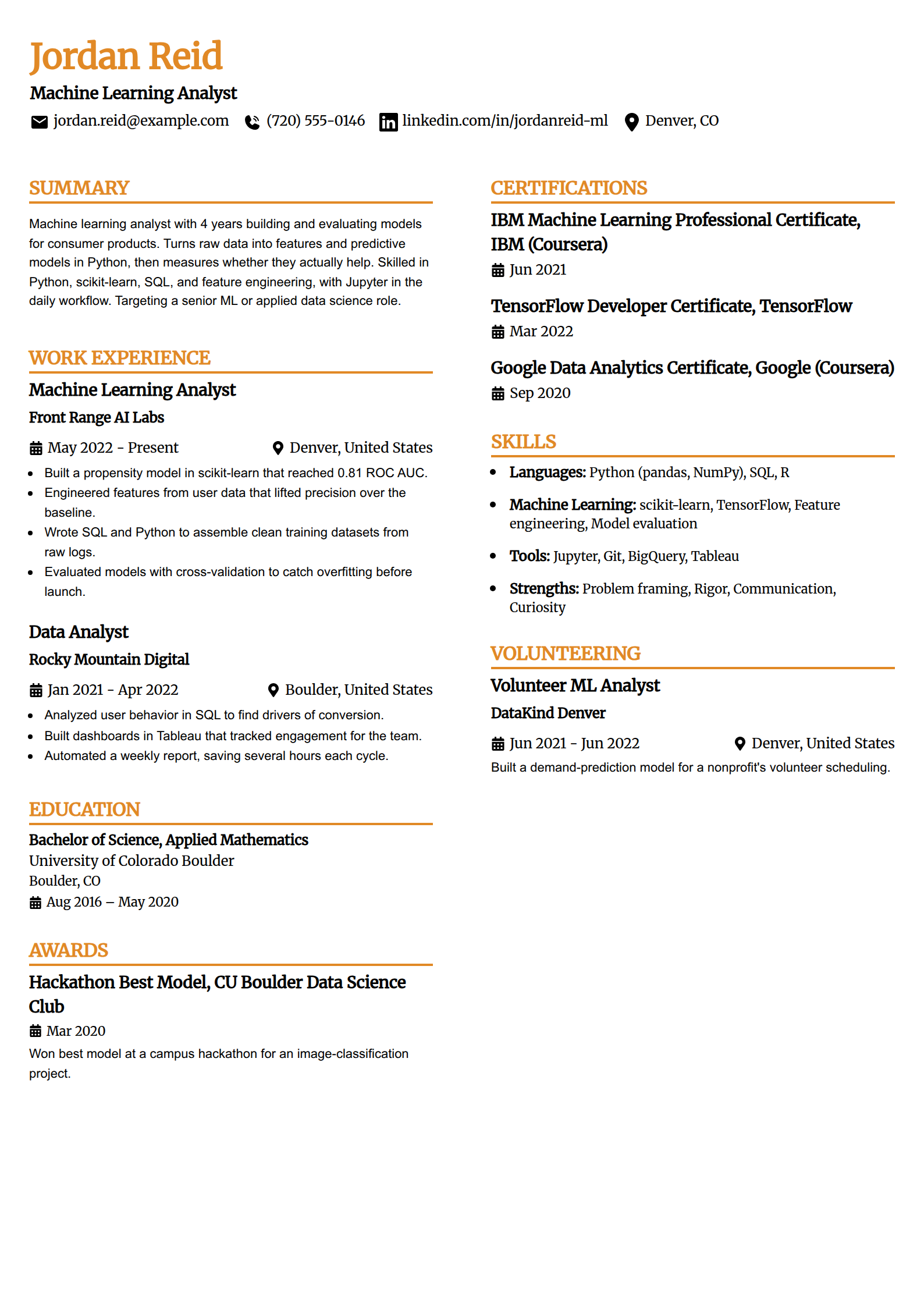 Machine learning analyst resume example in the Professional Edge template
